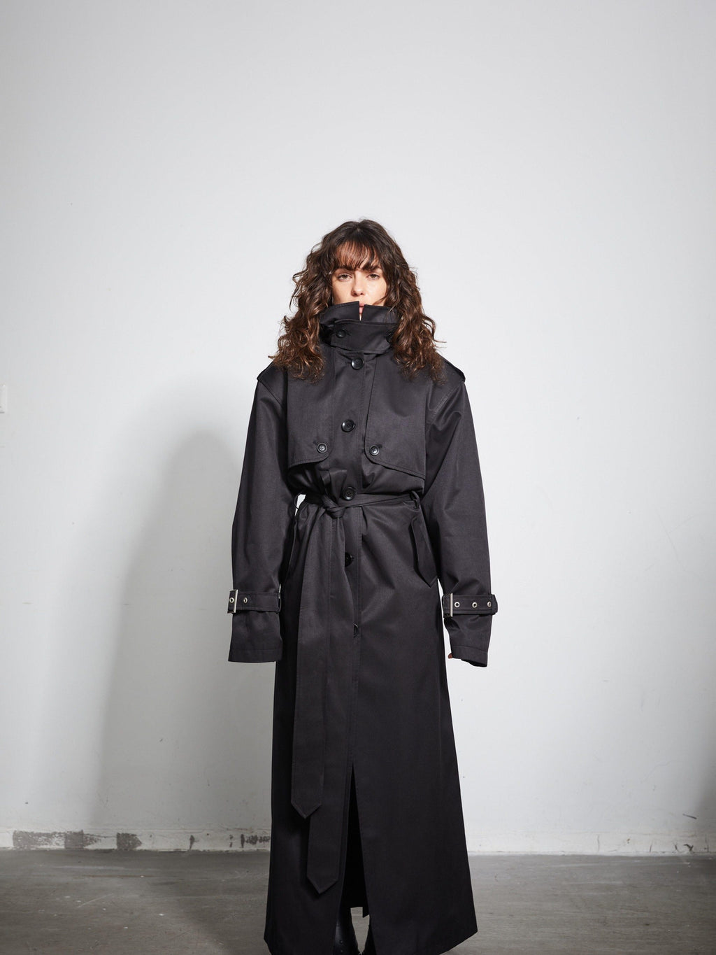 BUZHOU Pocketed Midlength Single Breasted Suit Collar Office Black Trench Coats