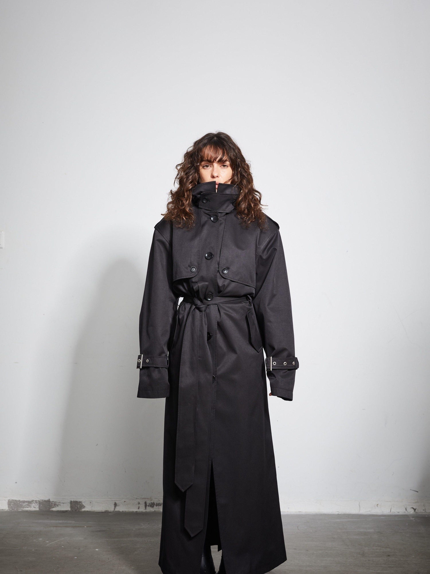 BUZHOU Pocketed Midlength Single Breasted Suit Collar Office Black Trench Coats