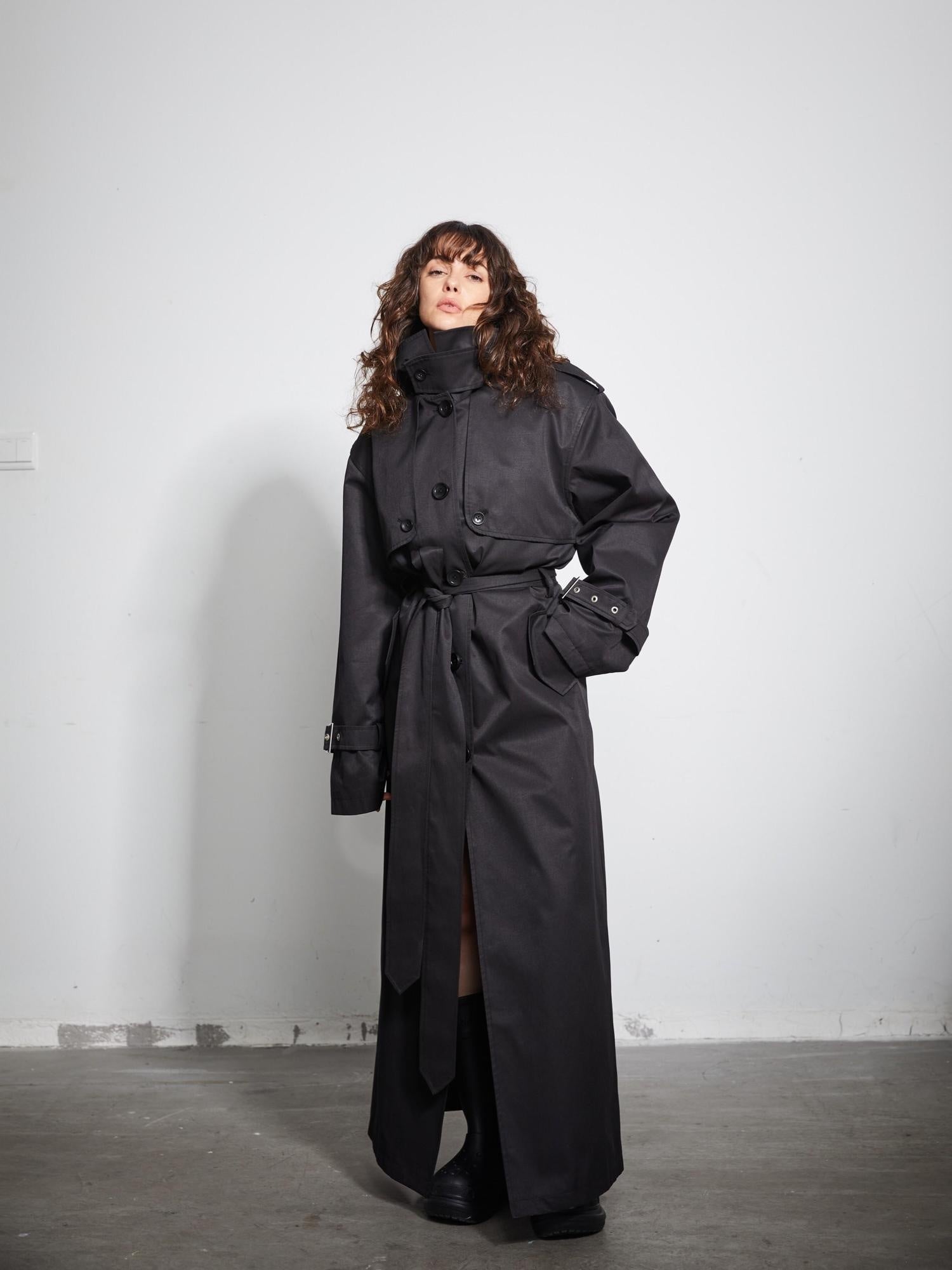 BUZHOU Pocketed Midlength Single Breasted Suit Collar Office Black Trench Coats