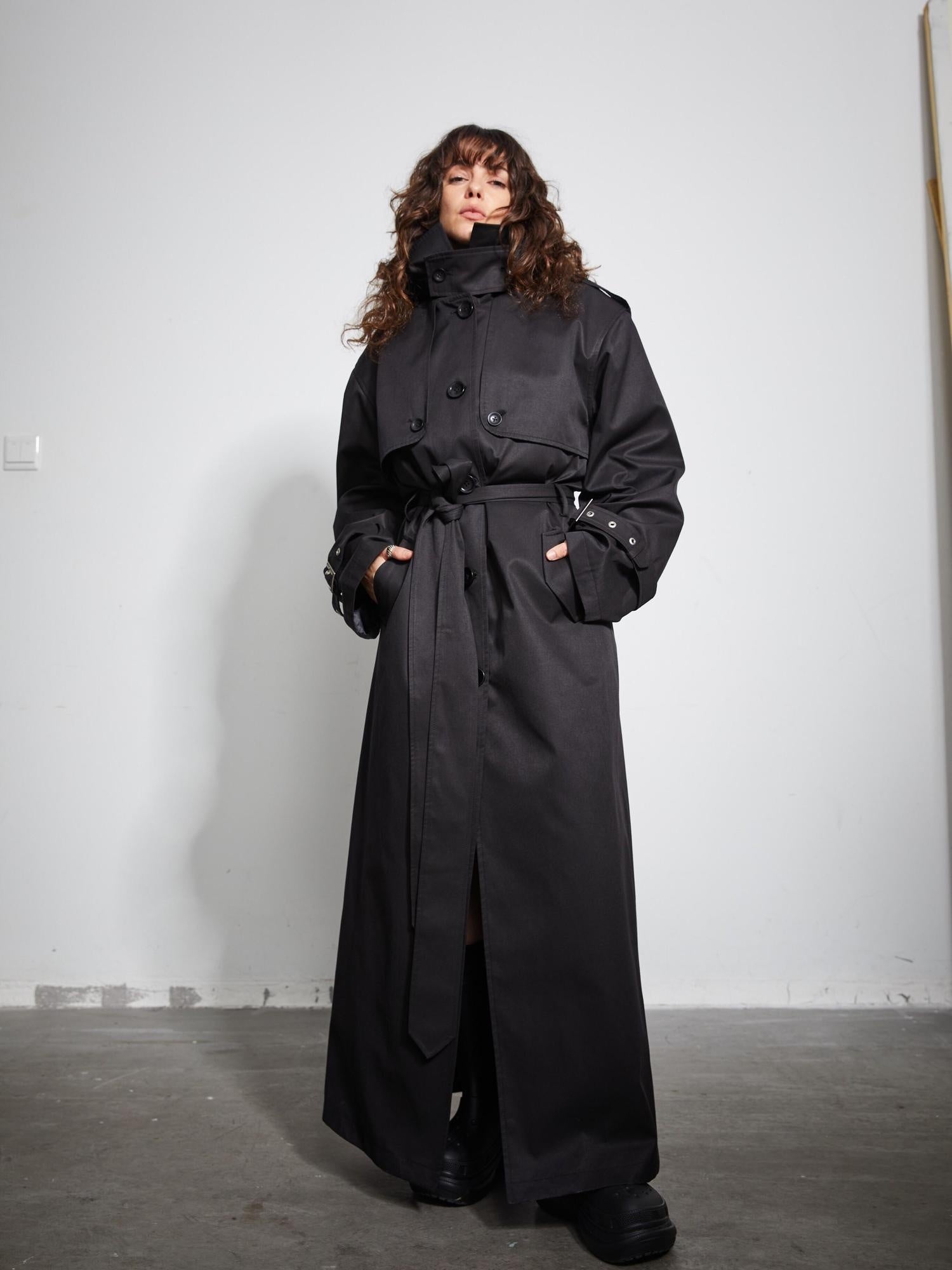 BUZHOU Pocketed Midlength Single Breasted Suit Collar Office Black Trench Coats