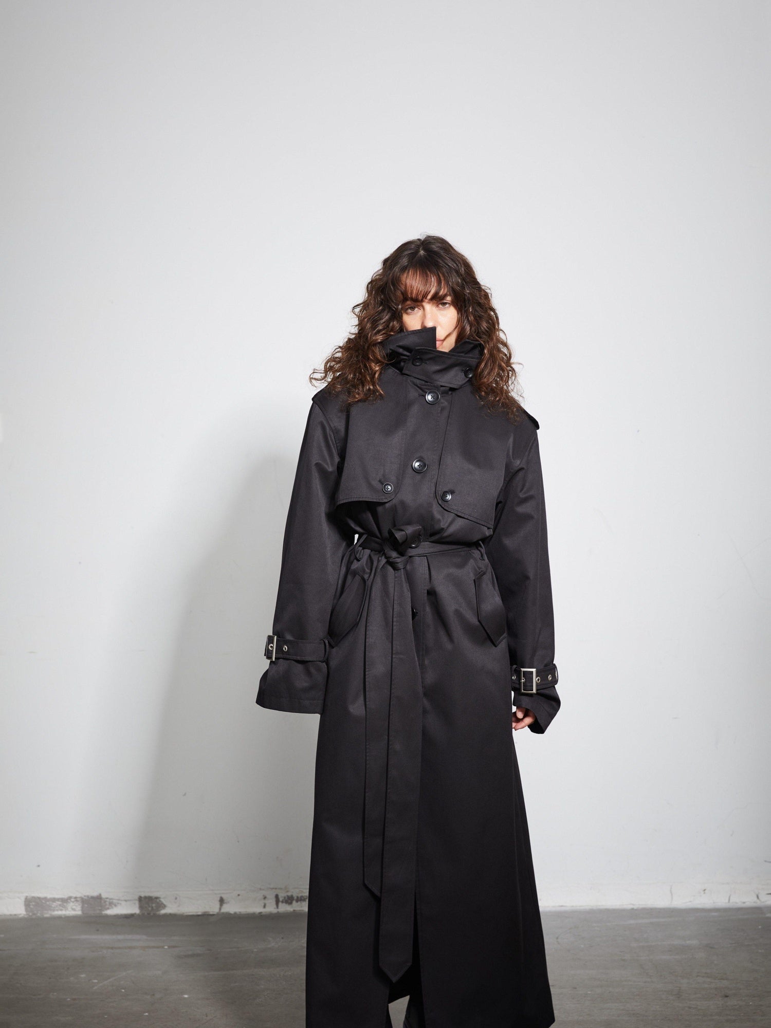BUZHOU Pocketed Midlength Single Breasted Suit Collar Office Black Trench Coats