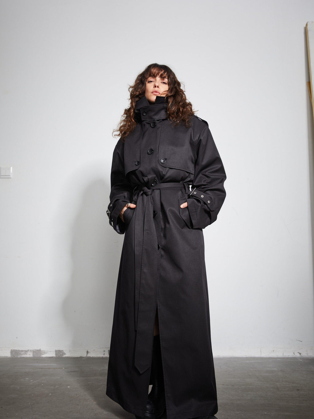 BUZHOU Pocketed Midlength Single Breasted Suit Collar Office Black Trench Coats
