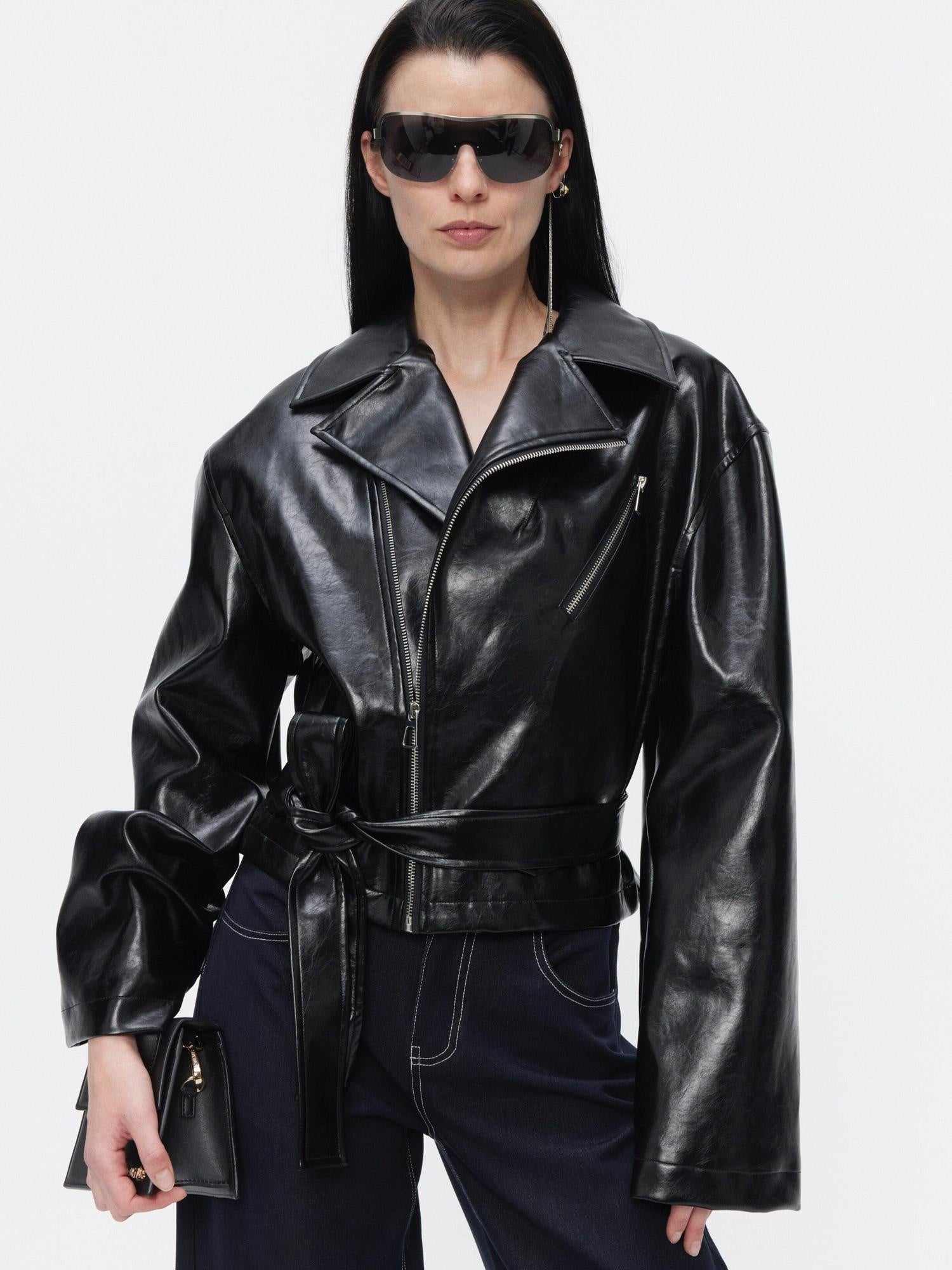 BUZHOU Premium Pu Minimalist Short Zip Lapel Collar Youth Black Brown Leather Jackets