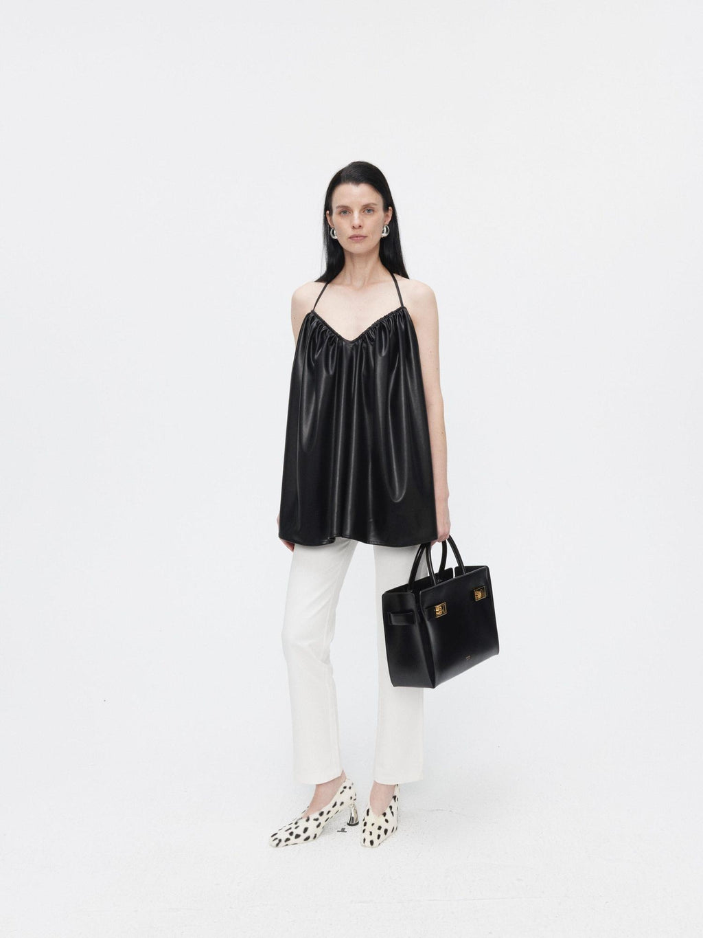 BUZHOU Pu Ruched Halter Tie Front A Line Loose Mid Length Vacation Women Camisoles