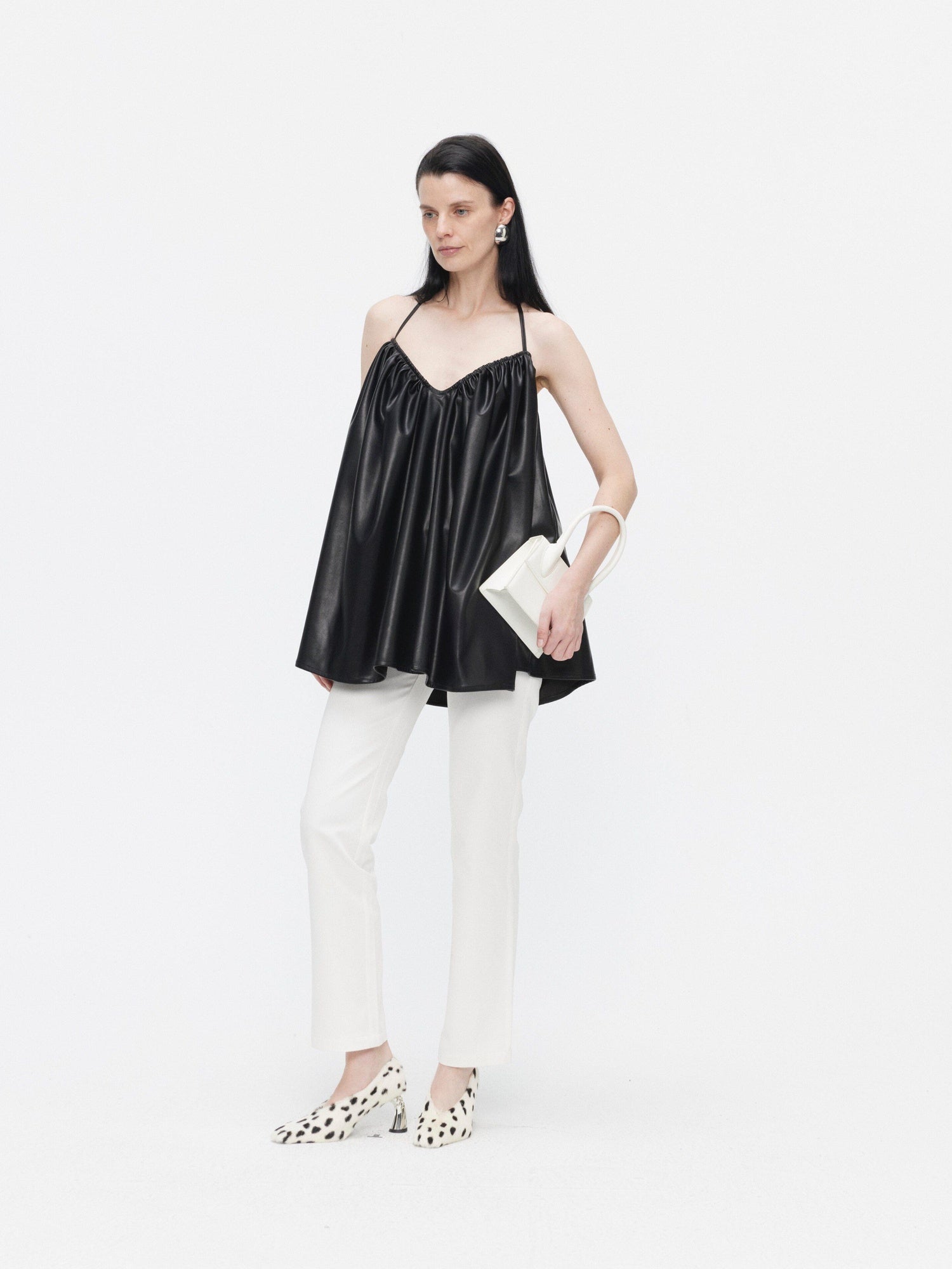 BUZHOU Pu Ruched Halter Tie Front A Line Loose Mid Length Vacation Women Camisoles