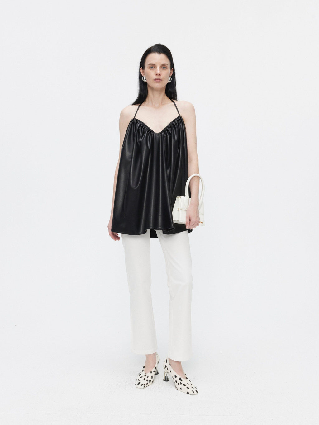 BUZHOU Pu Ruched Halter Tie Front A Line Loose Mid Length Vacation Women Camisoles