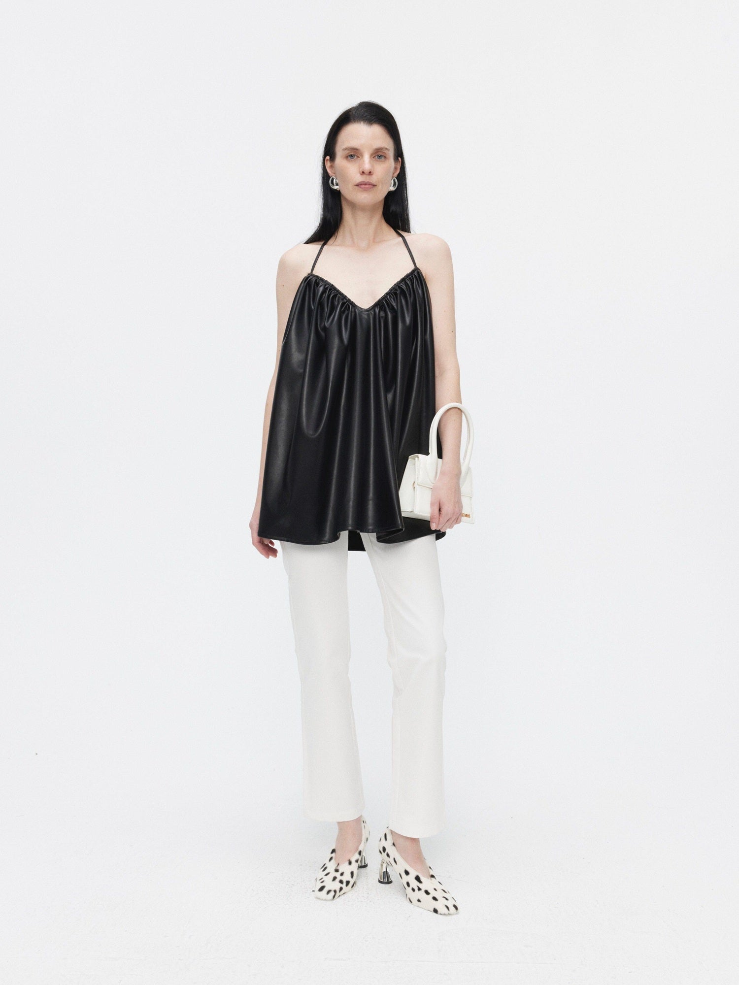 BUZHOU Pu Ruched Halter Tie Front A Line Loose Mid Length Vacation Women Camisoles