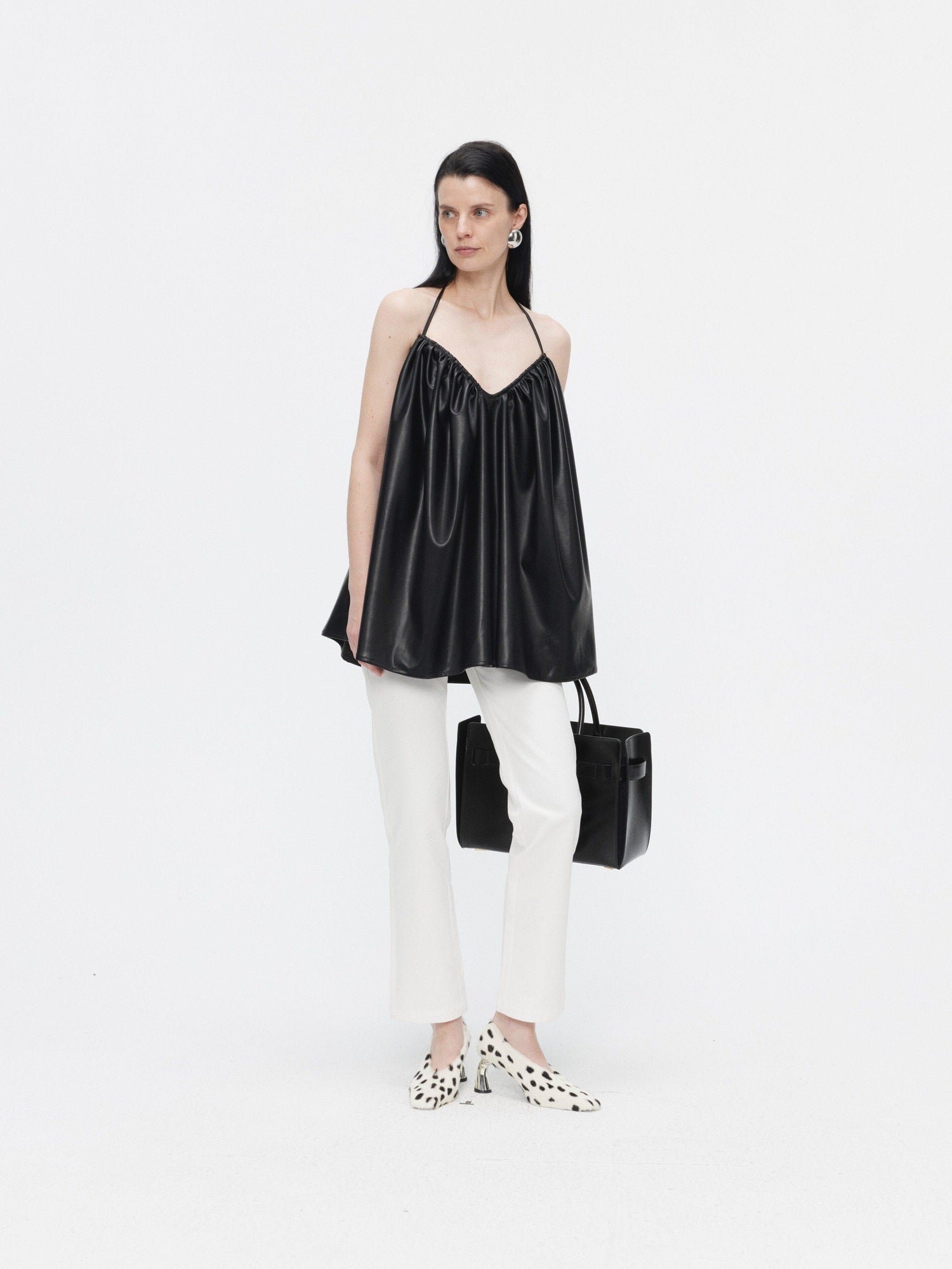 BUZHOU Pu Ruched Halter Tie Front A Line Loose Mid Length Vacation Women Camisoles