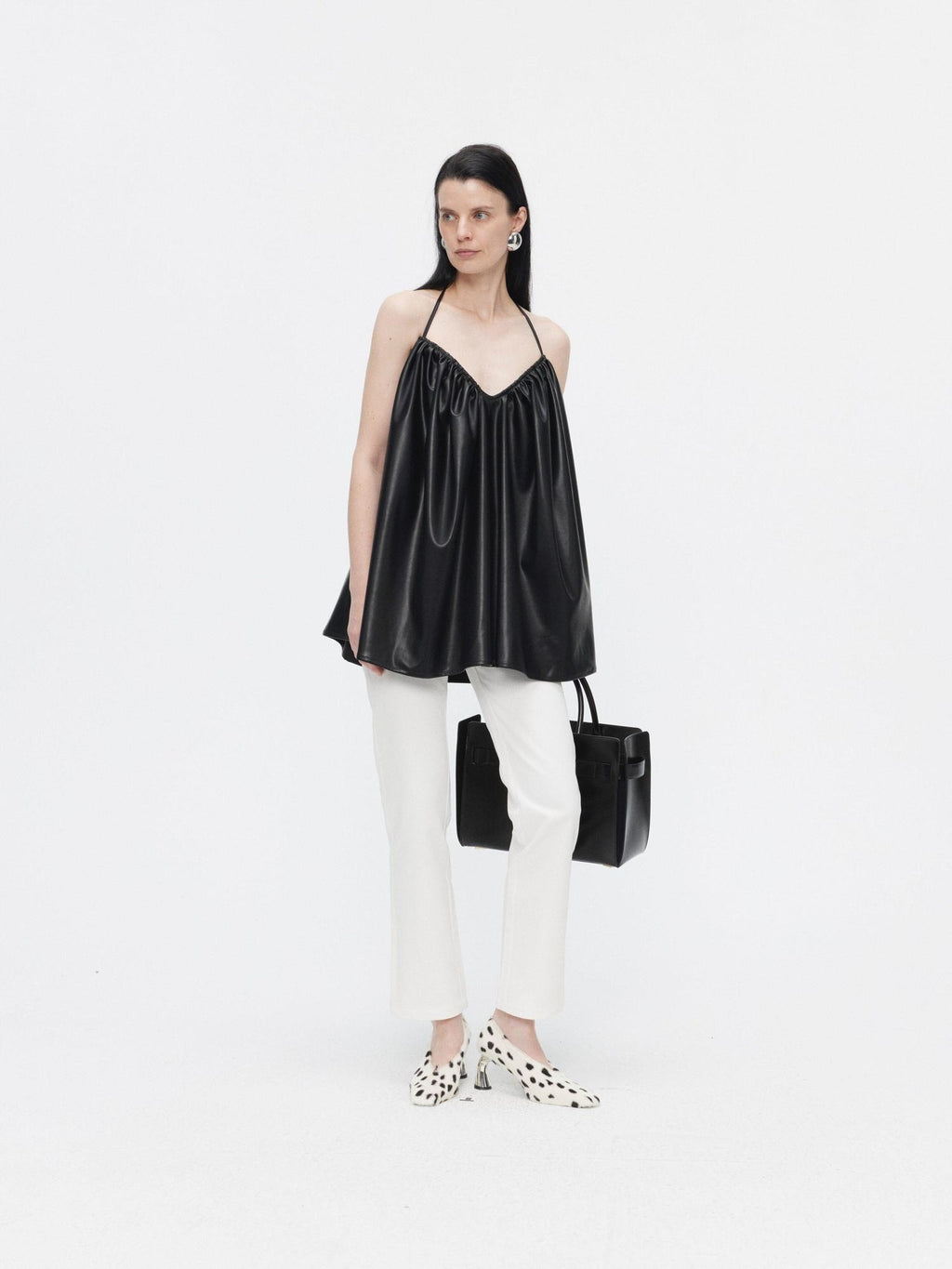 BUZHOU Pu Ruched Halter Tie Front A Line Loose Mid Length Vacation Women Camisoles