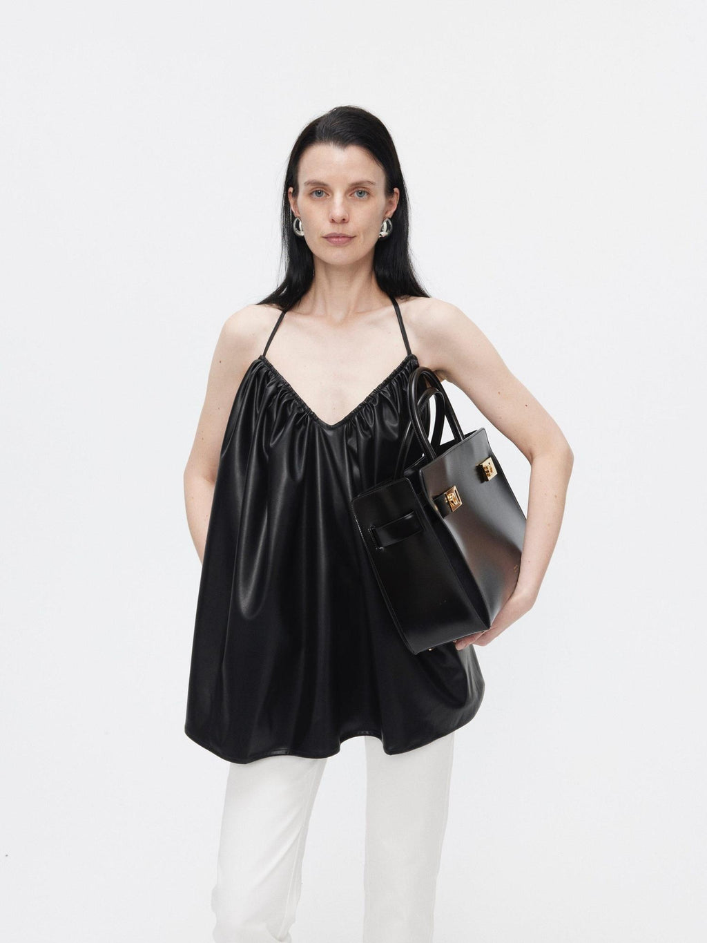 BUZHOU Pu Ruched Halter Tie Front A Line Loose Mid Length Vacation Women Camisoles