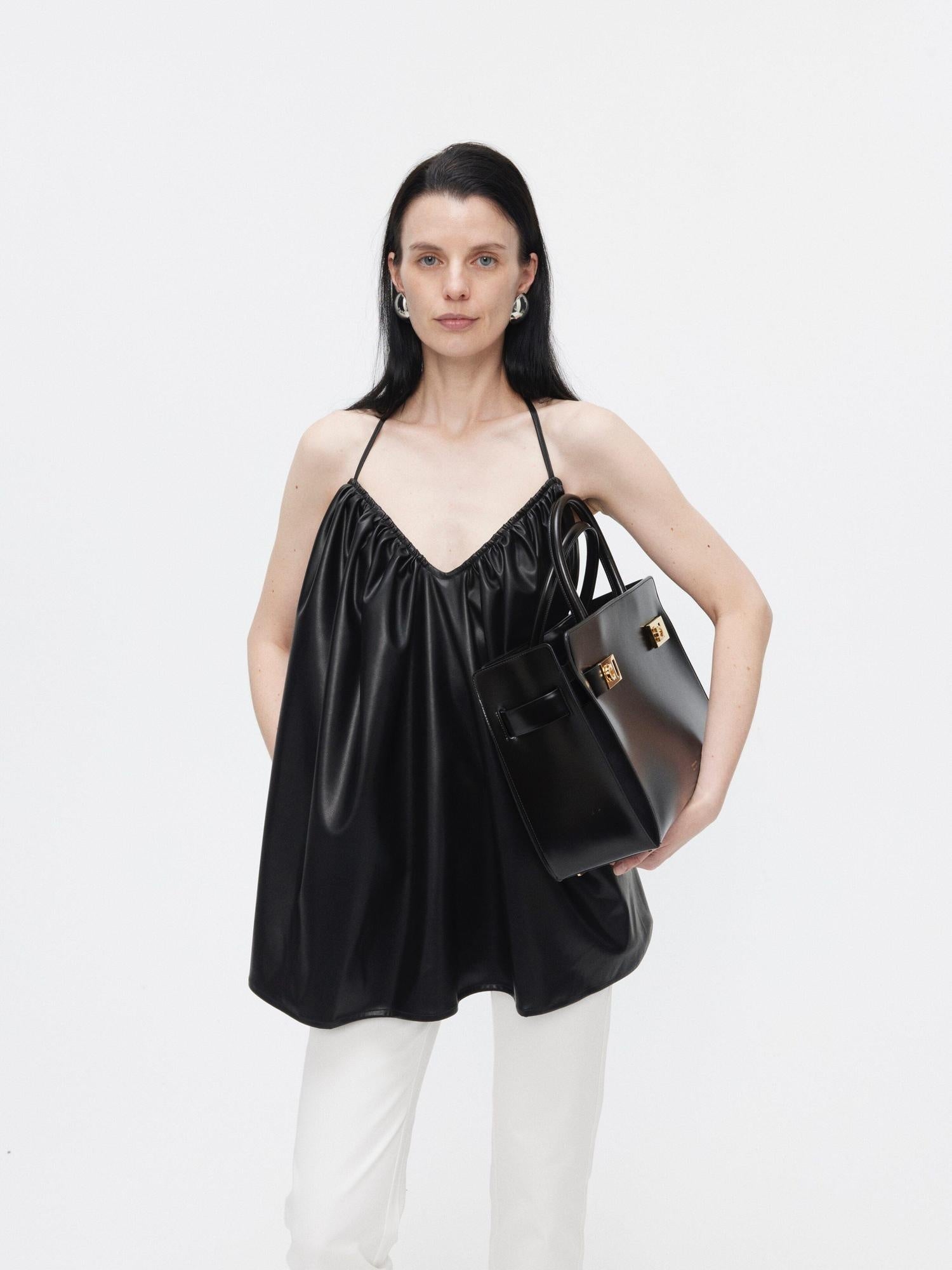 BUZHOU Pu Ruched Halter Tie Front A Line Loose Mid Length Vacation Women Camisoles