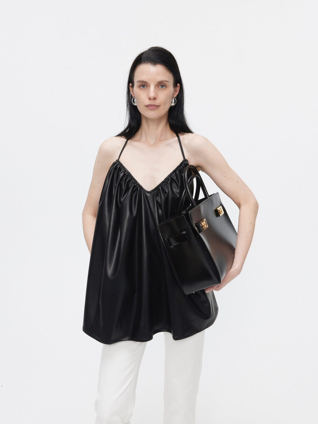 BUZHOU Pu Ruched Halter Tie Front A Line Loose Mid Length Vacation Women Camisoles