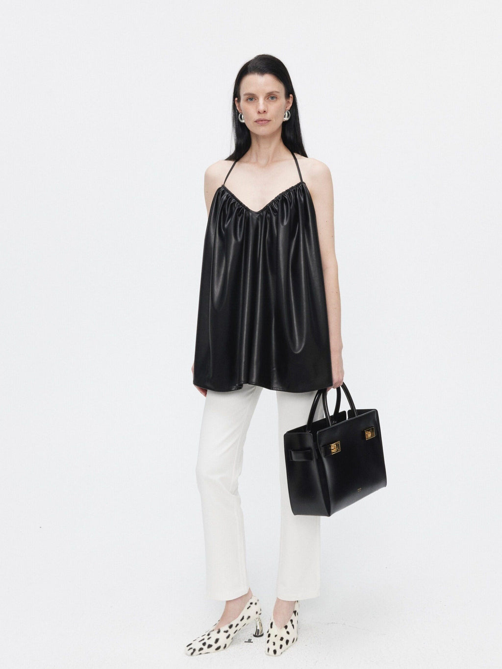 BUZHOU Pu Ruched Halter Tie Front A Line Loose Mid Length Vacation Women Camisoles