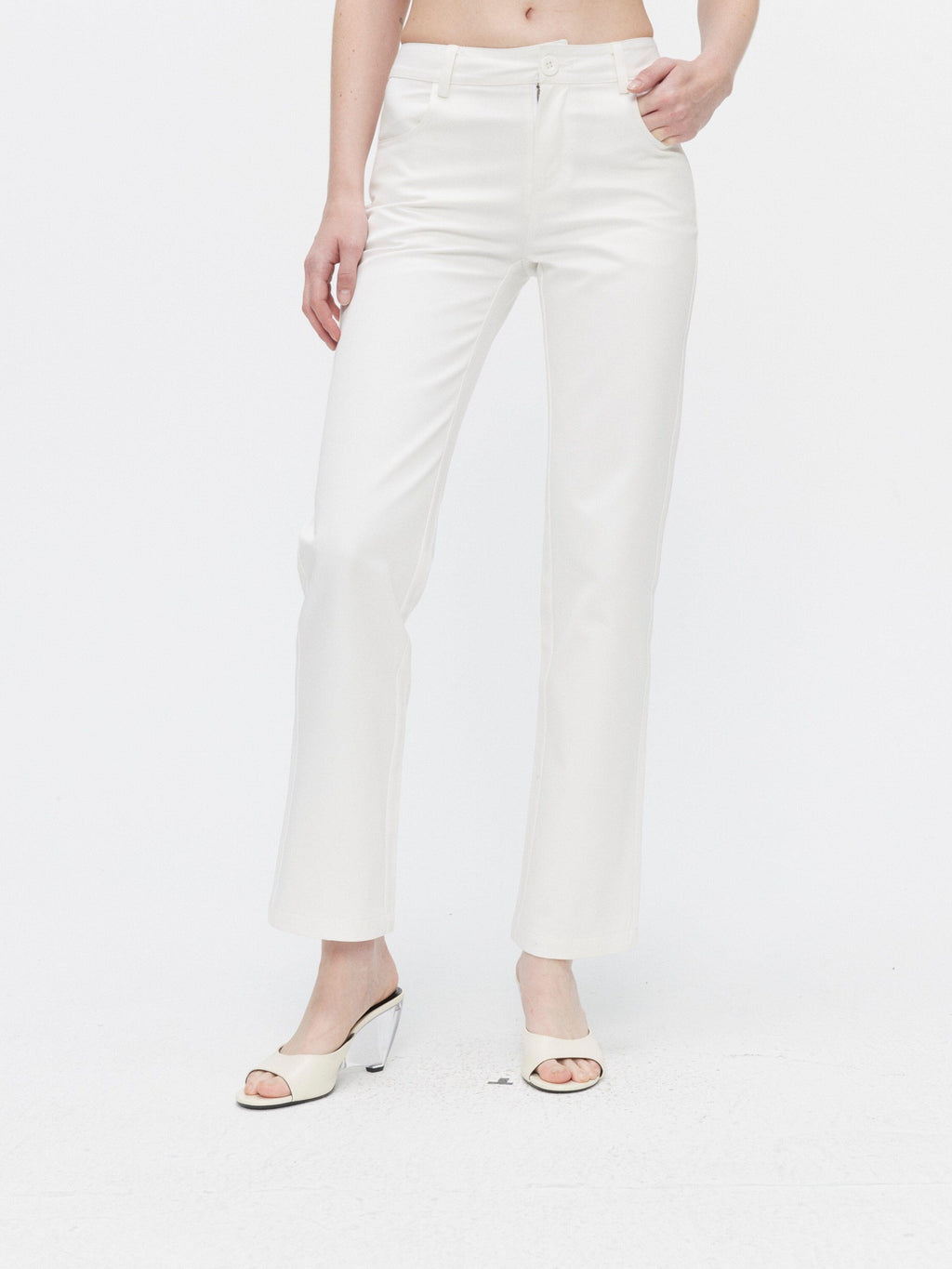 BUZHOU Pure Cotton Minimalist Mid Low Rise White Womens Classic Straight Pants