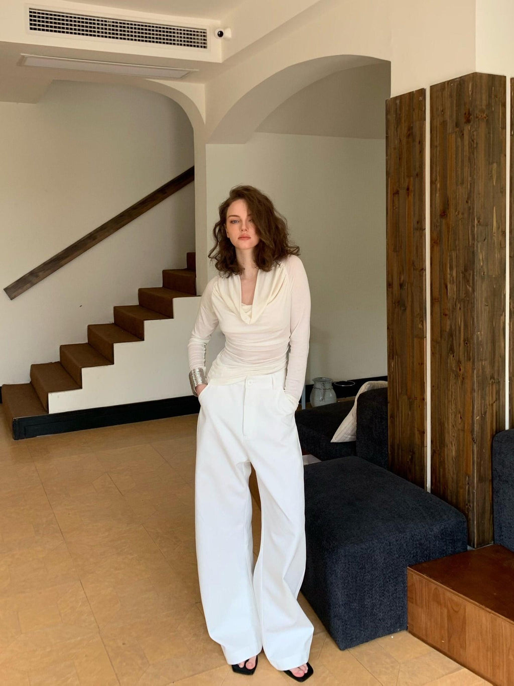 BUZHOU Pure Cotton Relaxed Natural Waist Curved Hem Women Wide Leg Pants