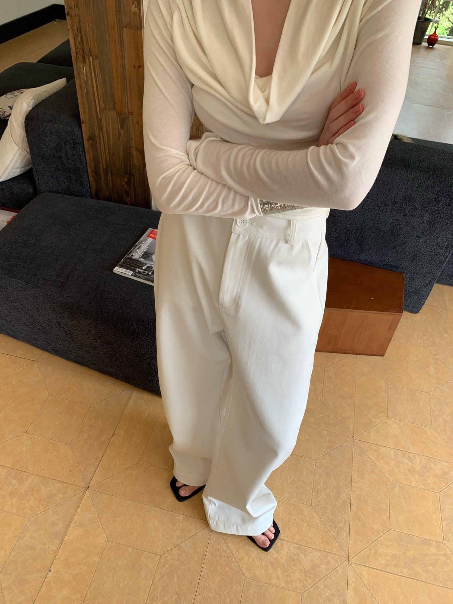 BUZHOU Pure Cotton Relaxed Natural Waist Curved Hem Women Wide Leg Pants