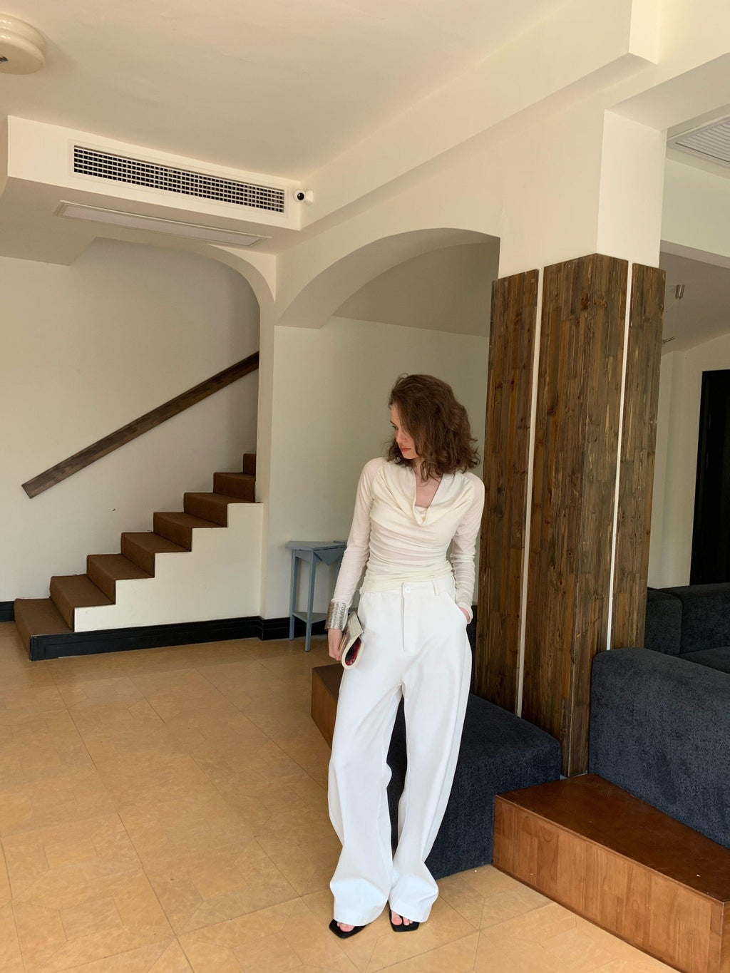 BUZHOU Pure Cotton Relaxed Natural Waist Curved Hem Women Wide Leg Pants