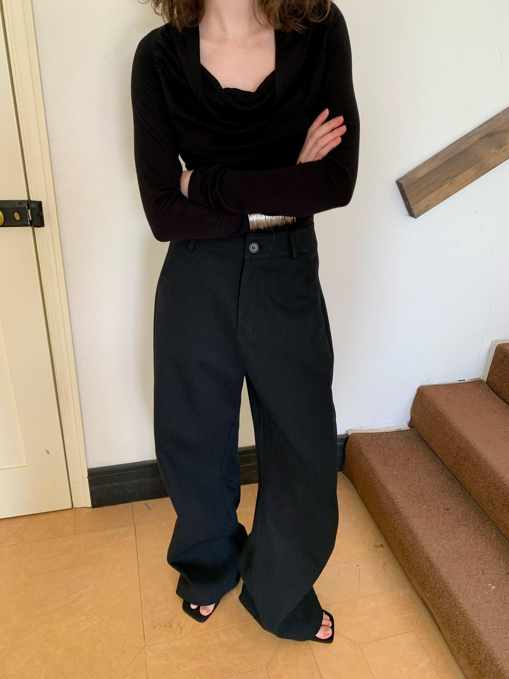 BUZHOU Pure Cotton Relaxed Natural Waist Curved Hem Women Wide Leg Pants