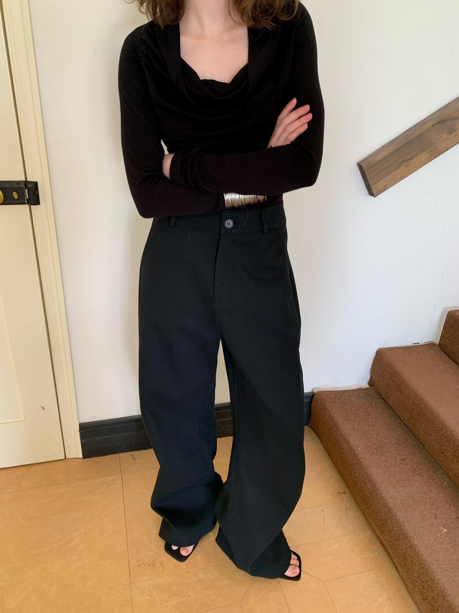 BUZHOU Pure Cotton Relaxed Natural Waist Curved Hem Women Wide Leg Pants