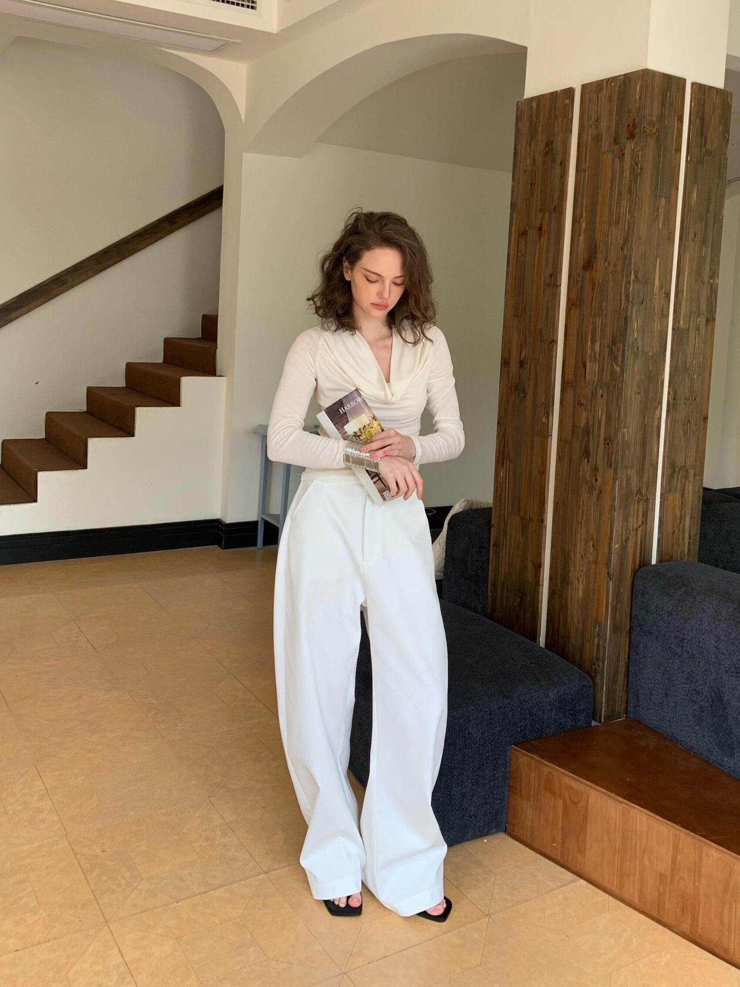BUZHOU Pure Cotton Relaxed Natural Waist Curved Hem Women Wide Leg Pants