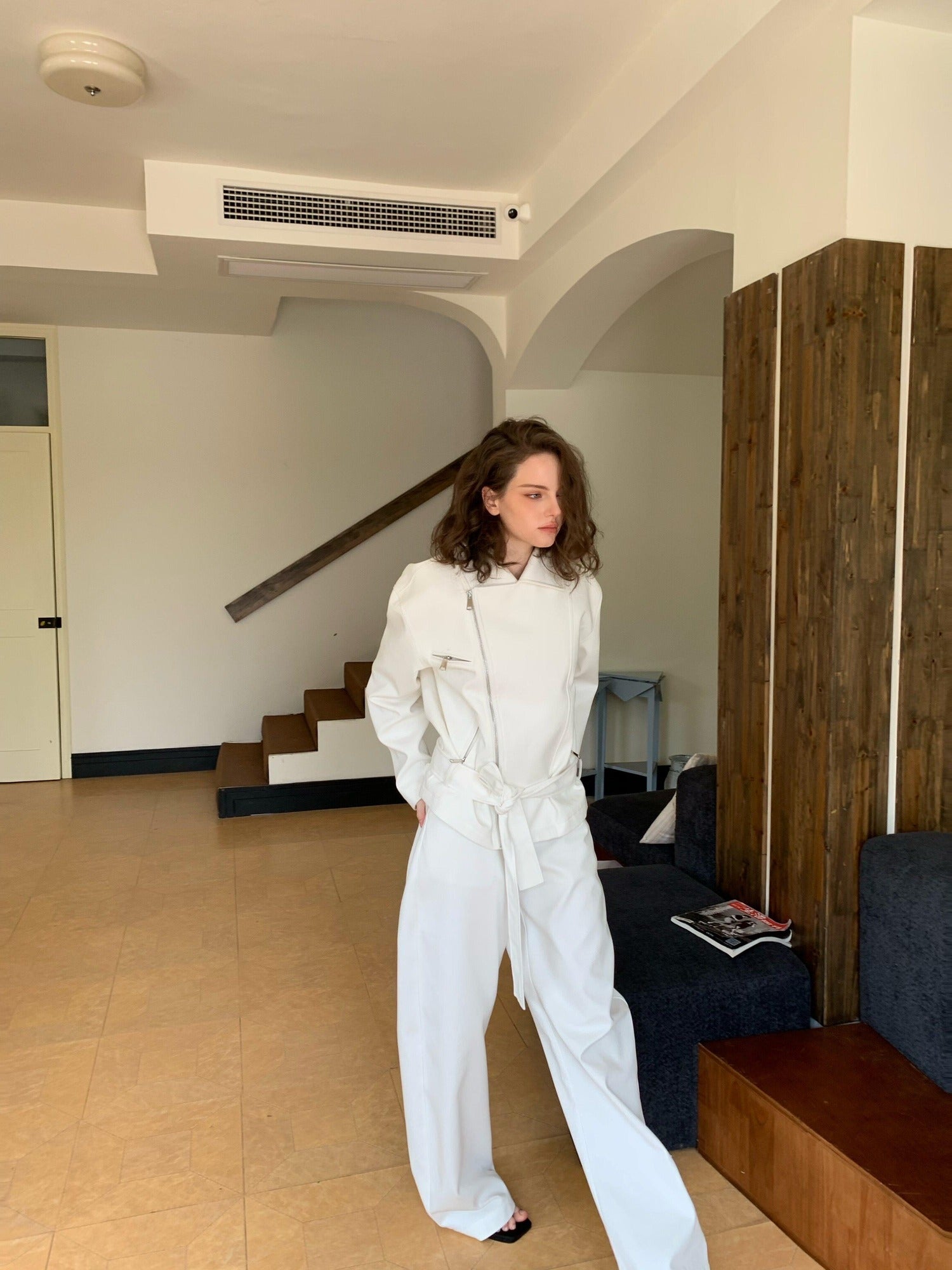 BUZHOU Pure Cotton Relaxed Natural Waist Curved Hem Women Wide Leg Pants