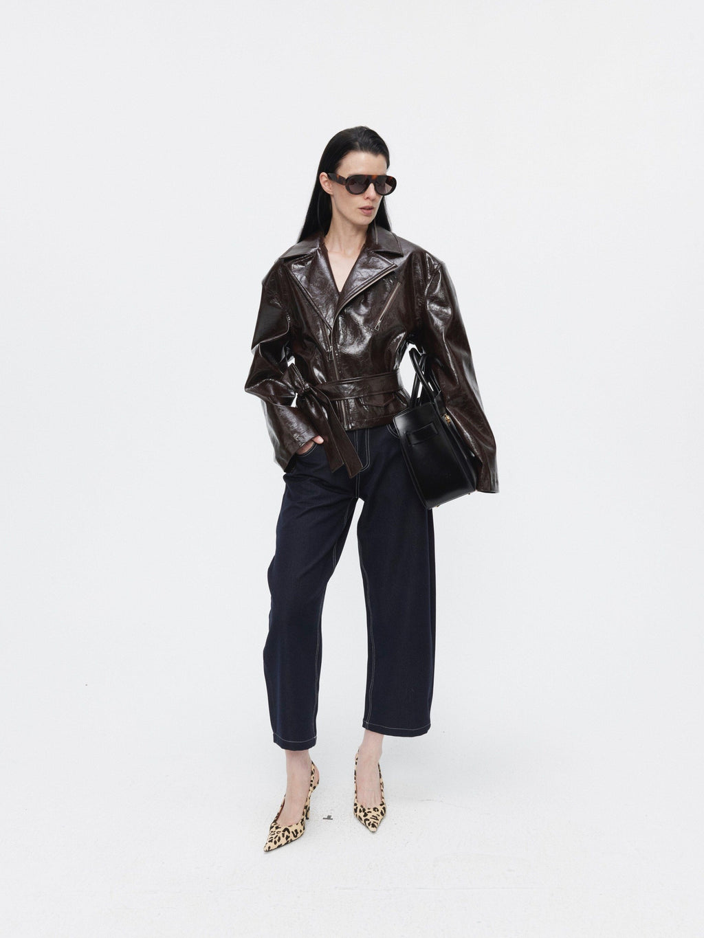 BUZHOU Sleek Minimal Low Rise Washed Denim Curved Hem Womens Black Blue Wide Leg Pants