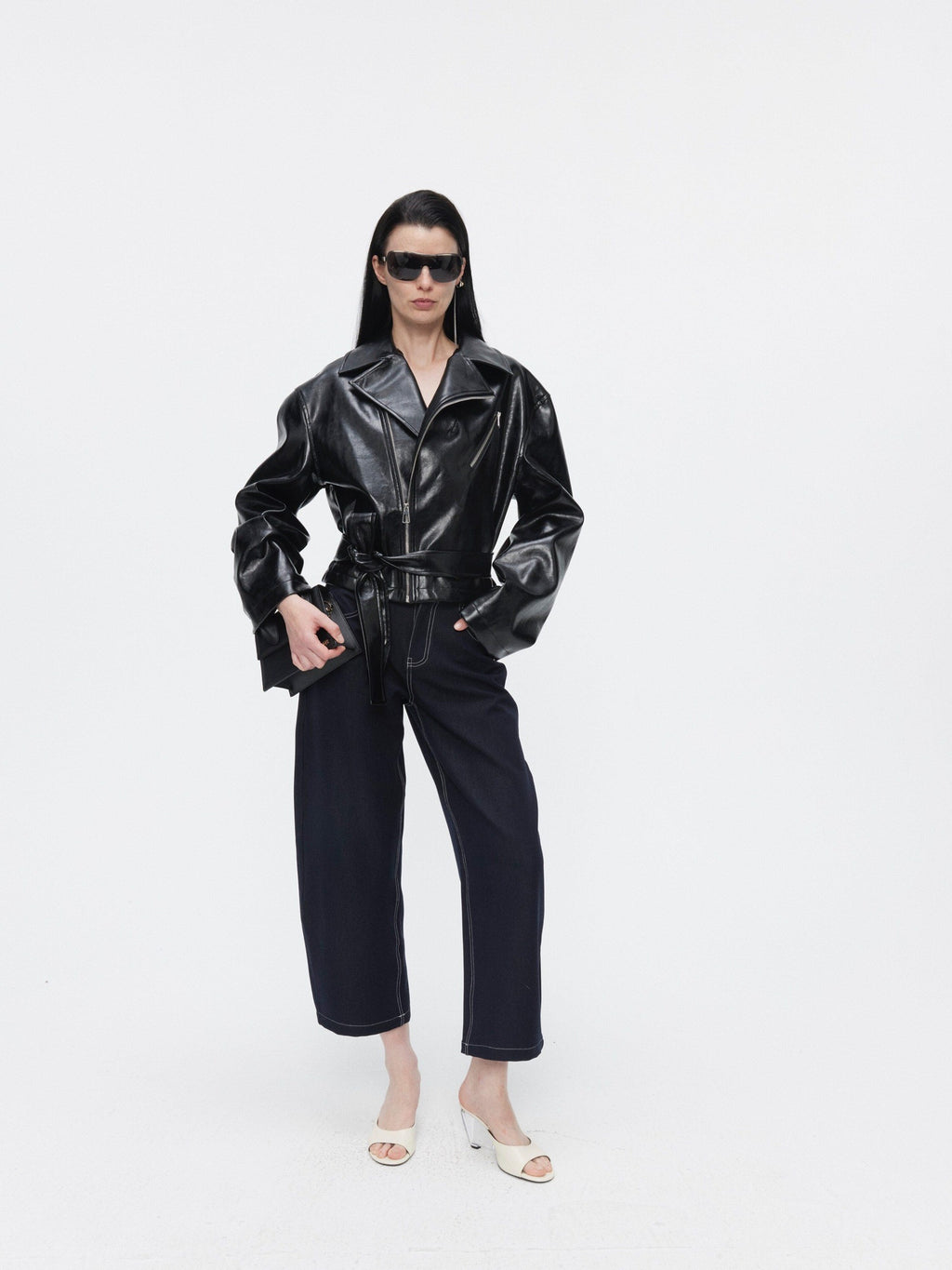 BUZHOU Sleek Minimal Low Rise Washed Denim Curved Hem Womens Black Blue Wide Leg Pants
