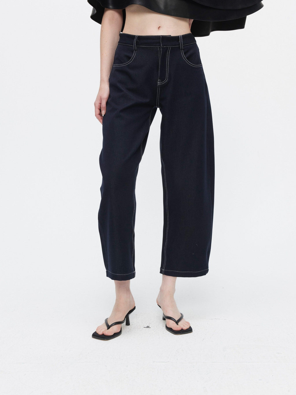 BUZHOU Sleek Minimal Low Rise Washed Denim Curved Hem Womens Black Blue Wide Leg Pants