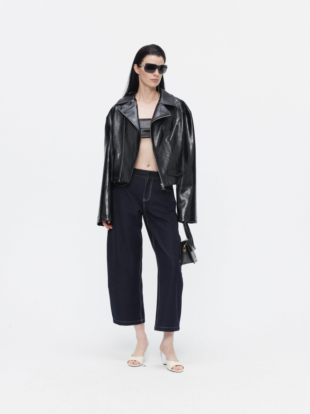 BUZHOU Sleek Minimal Low Rise Washed Denim Curved Hem Womens Black Blue Wide Leg Pants