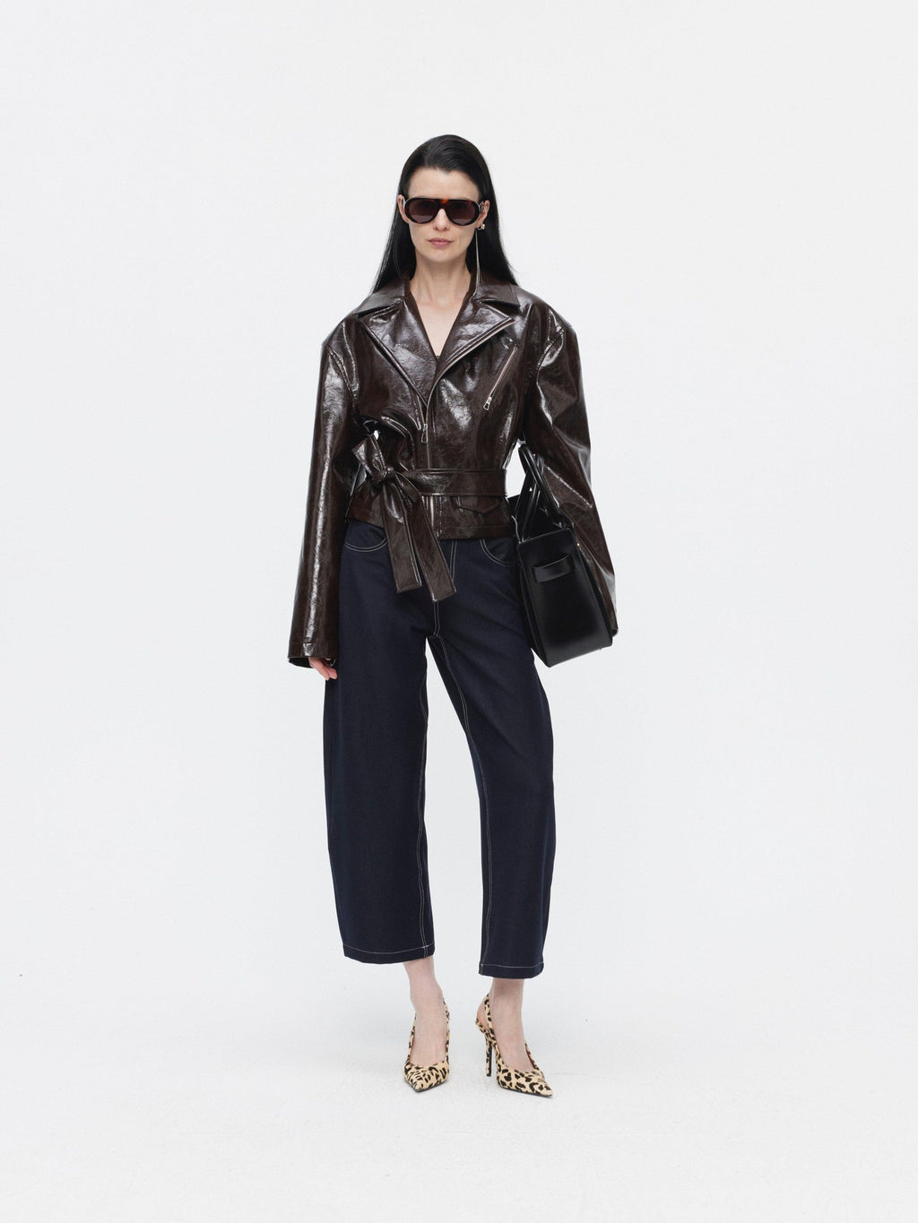 BUZHOU Sleek Minimal Low Rise Washed Denim Curved Hem Womens Black Blue Wide Leg Pants