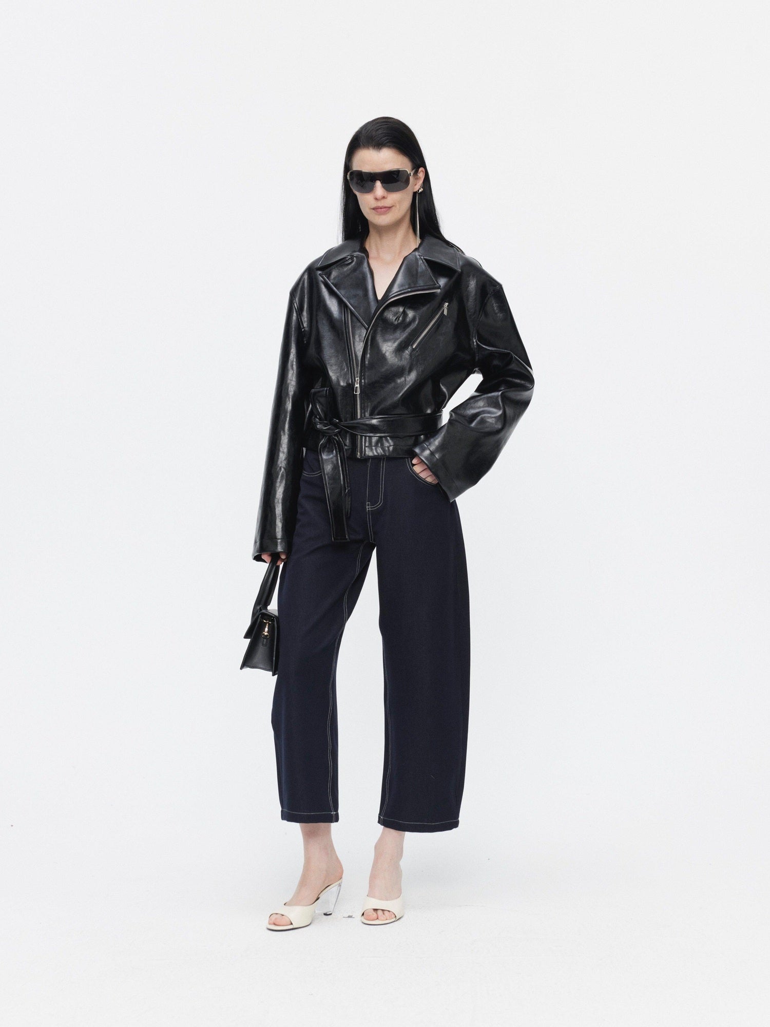 BUZHOU Sleek Minimal Low Rise Washed Denim Curved Hem Womens Black Blue Wide Leg Pants