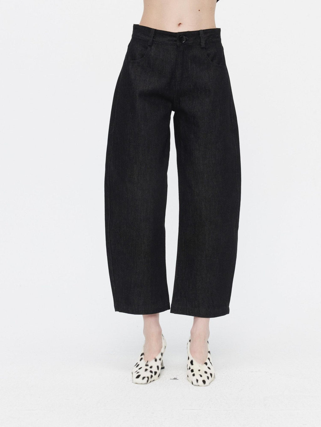 BUZHOU Sleek Minimal Low Rise Washed Denim Curved Hem Womens Black Blue Wide Leg Pants