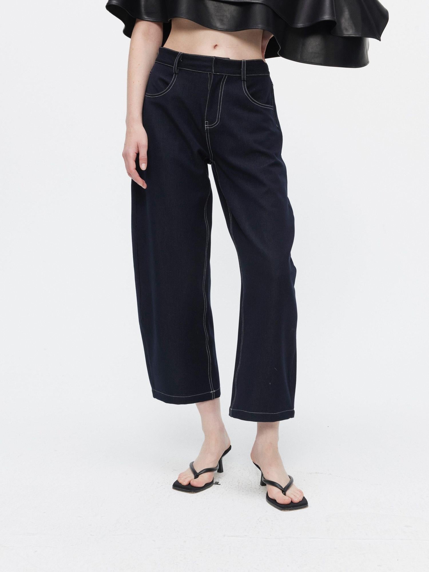 BUZHOU Sleek Minimal Low Rise Washed Denim Curved Hem Womens Black Blue Wide Leg Pants