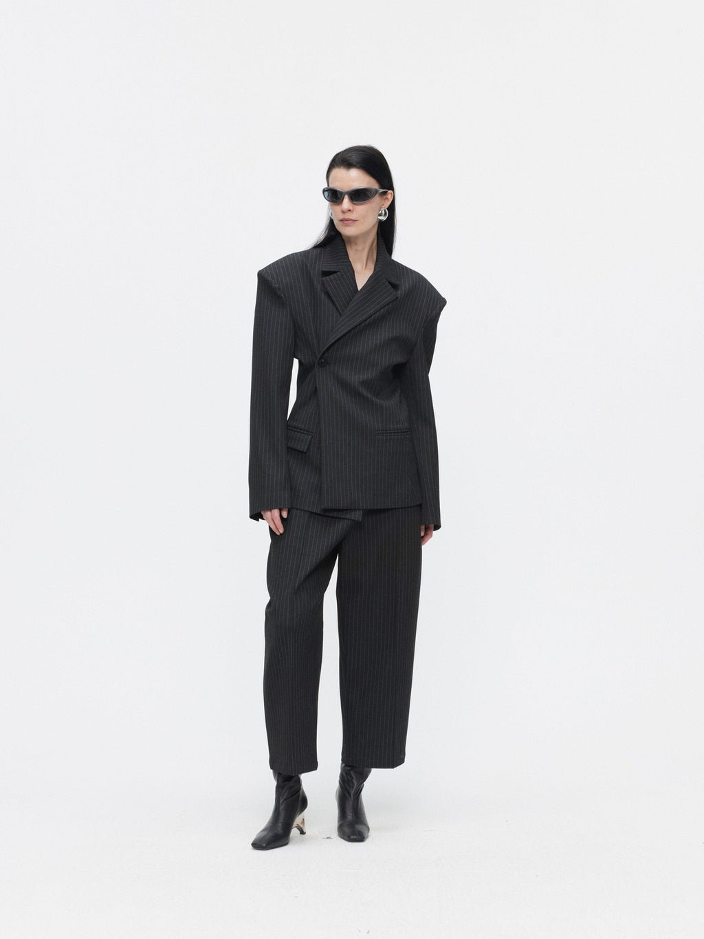 BUZHOU Slim Office Striped Mid Length Two Piece Women Ankle Pants Blazer Sets