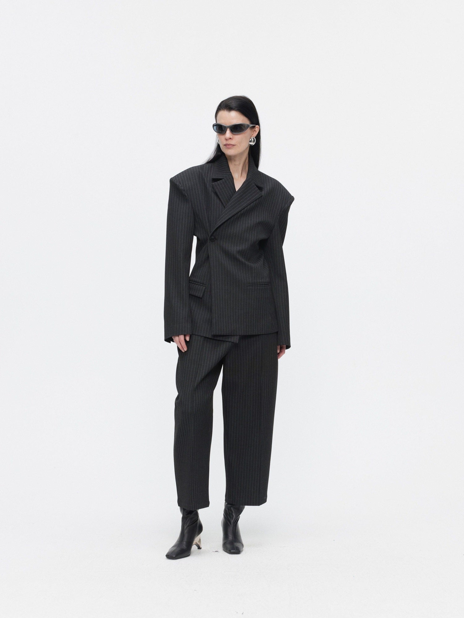 BUZHOU Slim Office Striped Mid Length Two Piece Women Ankle Pants Blazer Sets