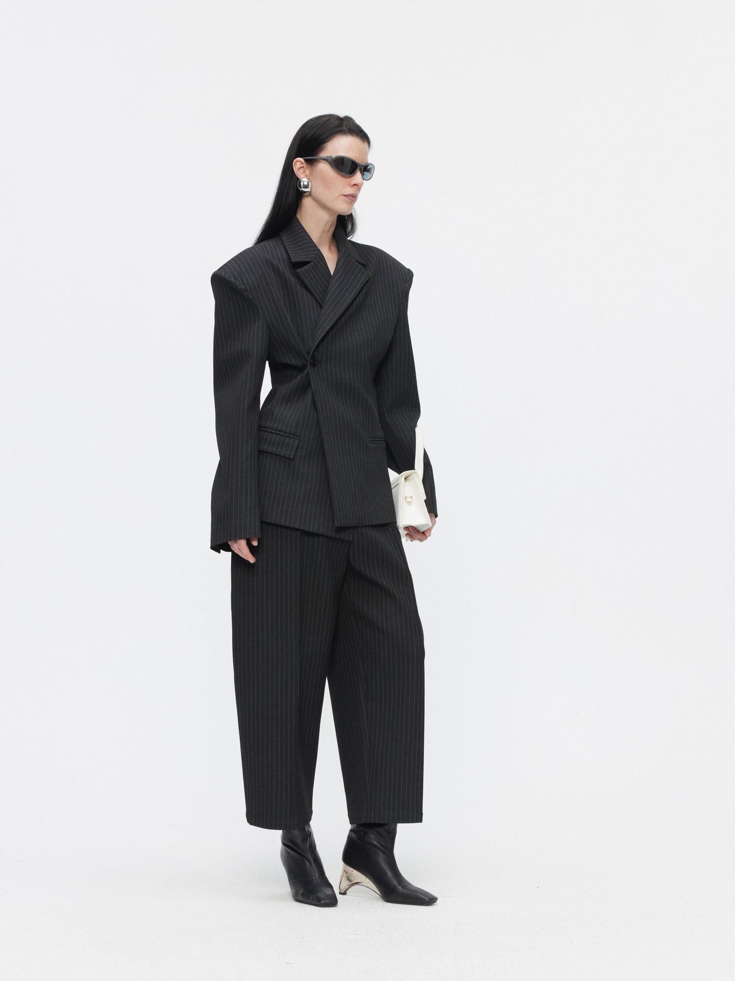 BUZHOU Slim Office Striped Mid Length Two Piece Women Ankle Pants Blazer Sets