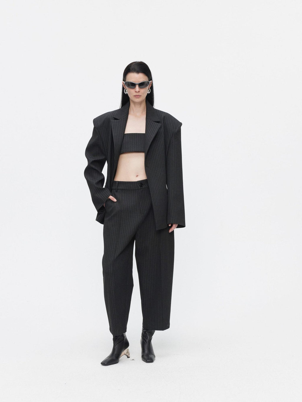 BUZHOU Slim Office Striped Mid Length Two Piece Women Ankle Pants Blazer Sets