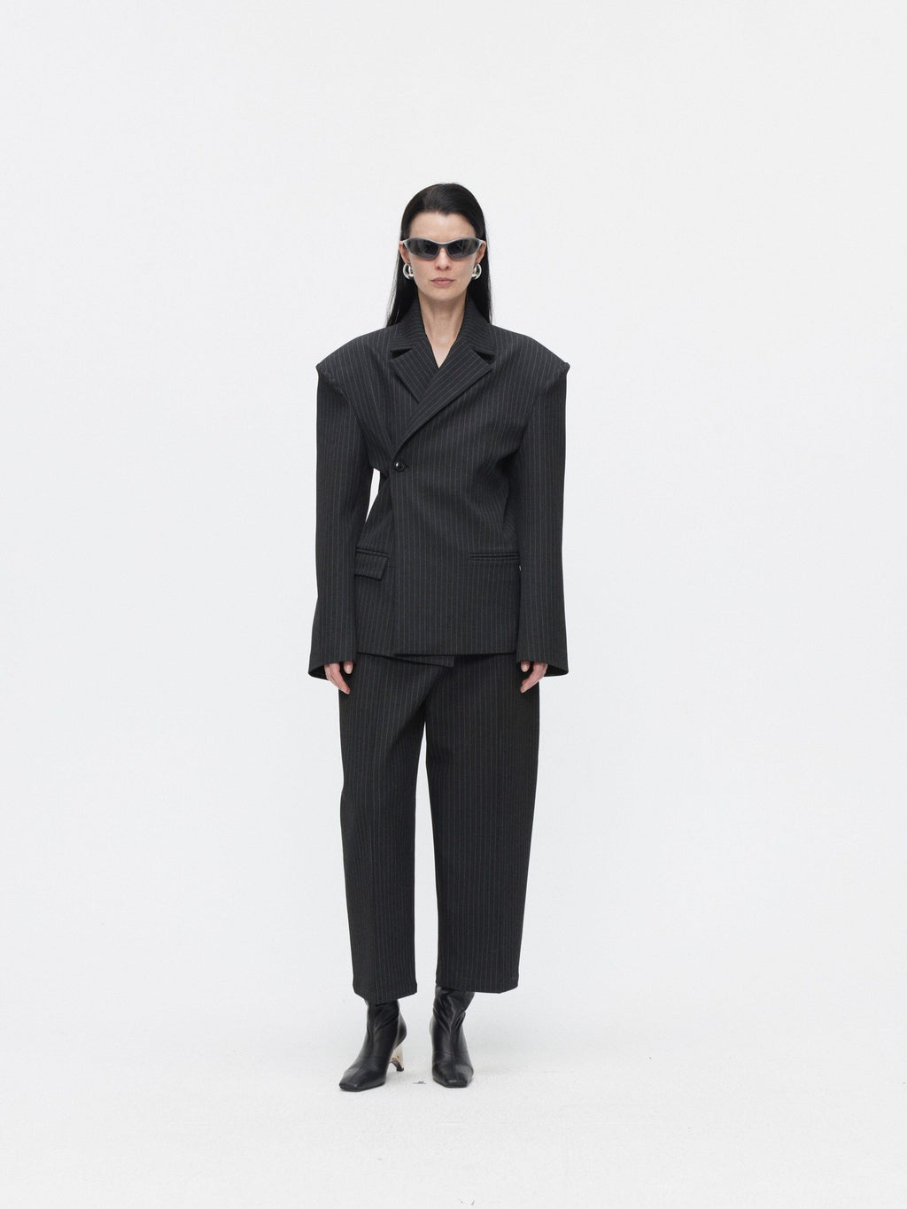 BUZHOU Slim Office Striped Mid Length Two Piece Women Ankle Pants Blazer Sets