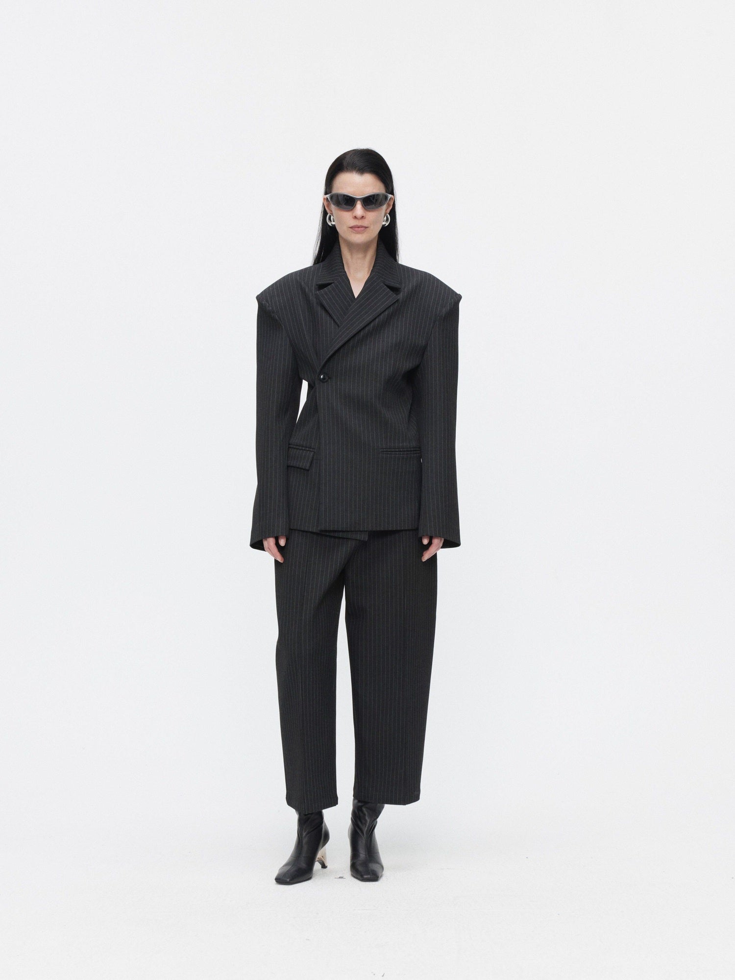 BUZHOU Slim Office Striped Mid Length Two Piece Women Ankle Pants Blazer Sets