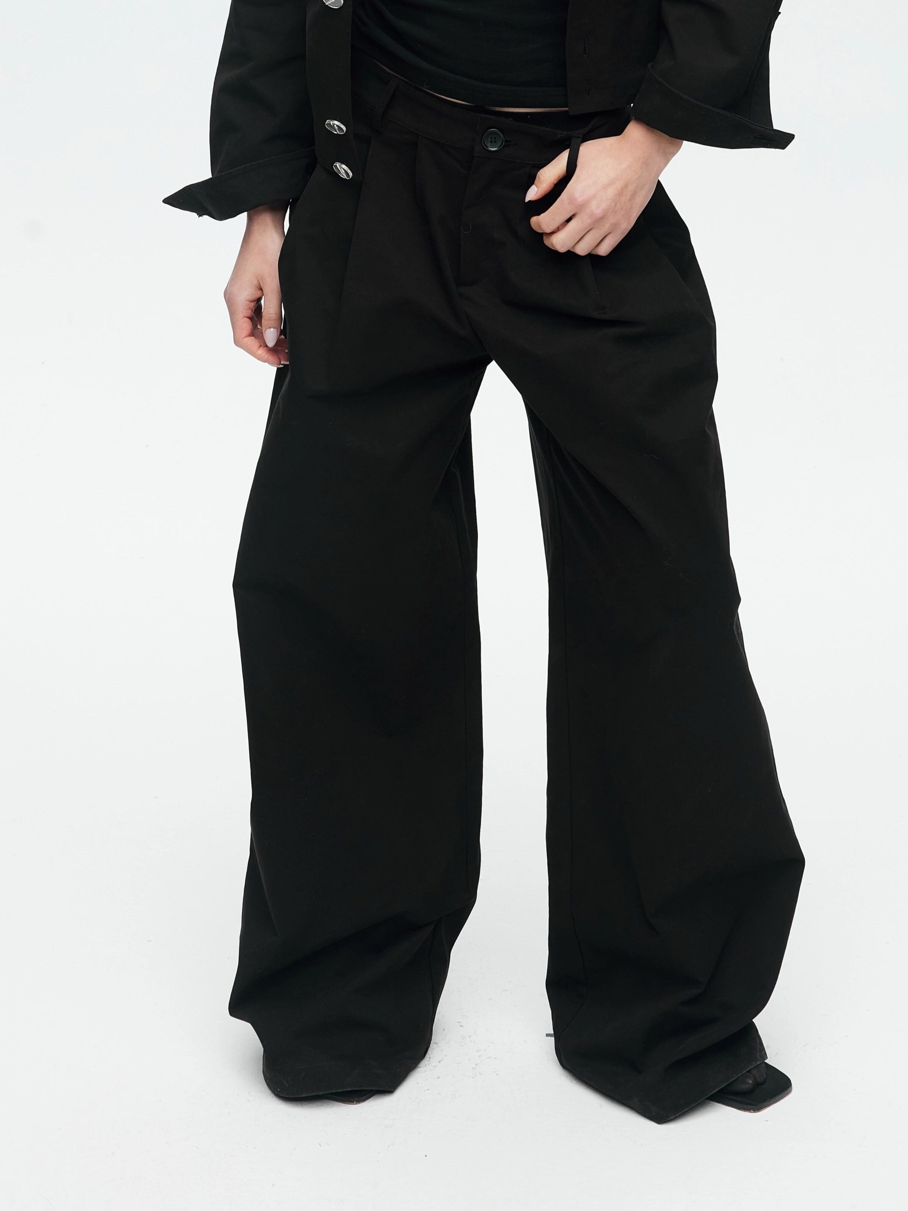 BUZHOU_Slim_Waist_Cinch_Stand_Collar_Crop_Cotton_Pleated_Black_Top_&_Pants_Sets_MISSTT