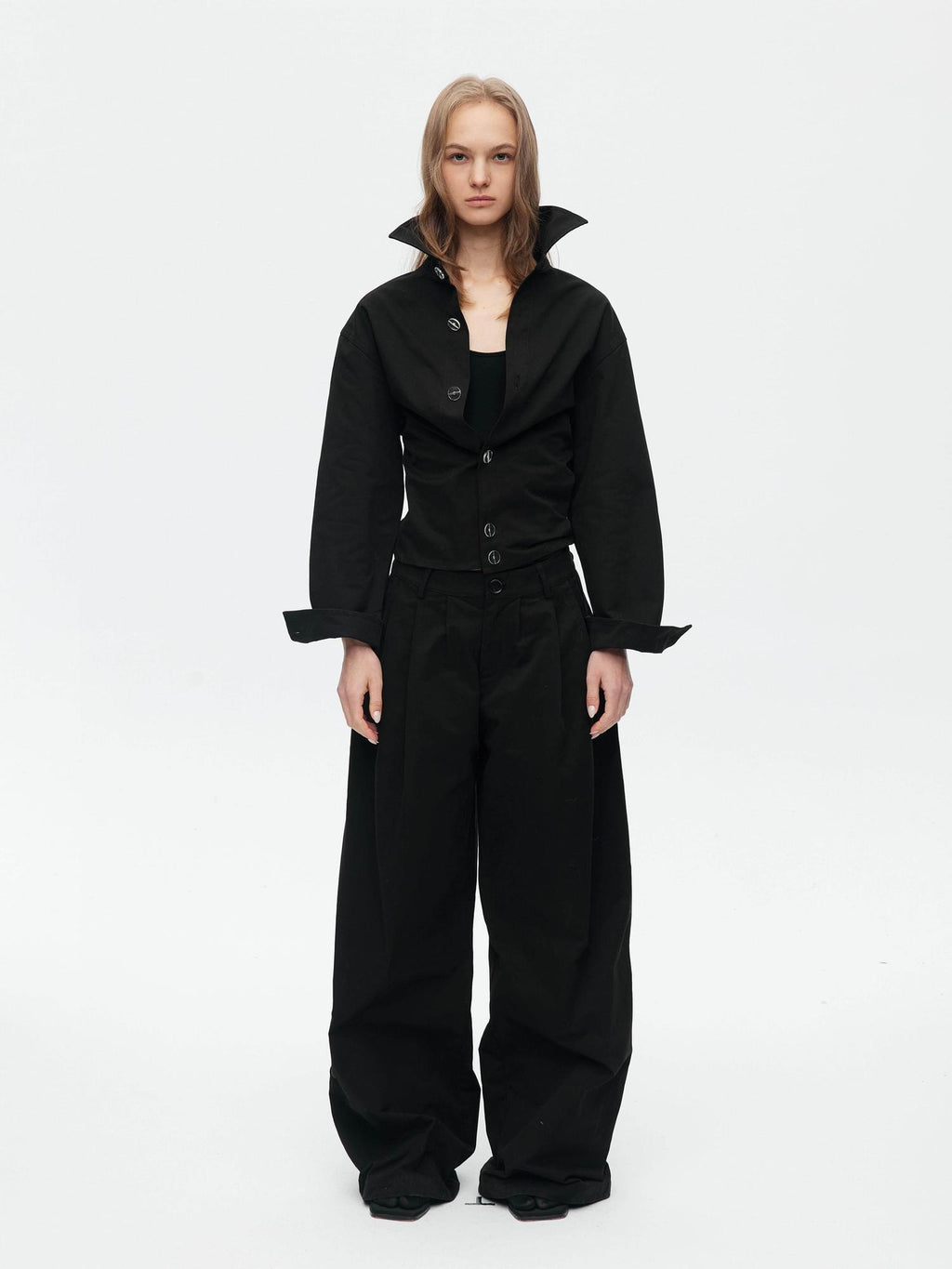 BUZHOU Slim Waist Cinch Stand Collar Crop Cotton Pleated Black Top & Pants Sets
