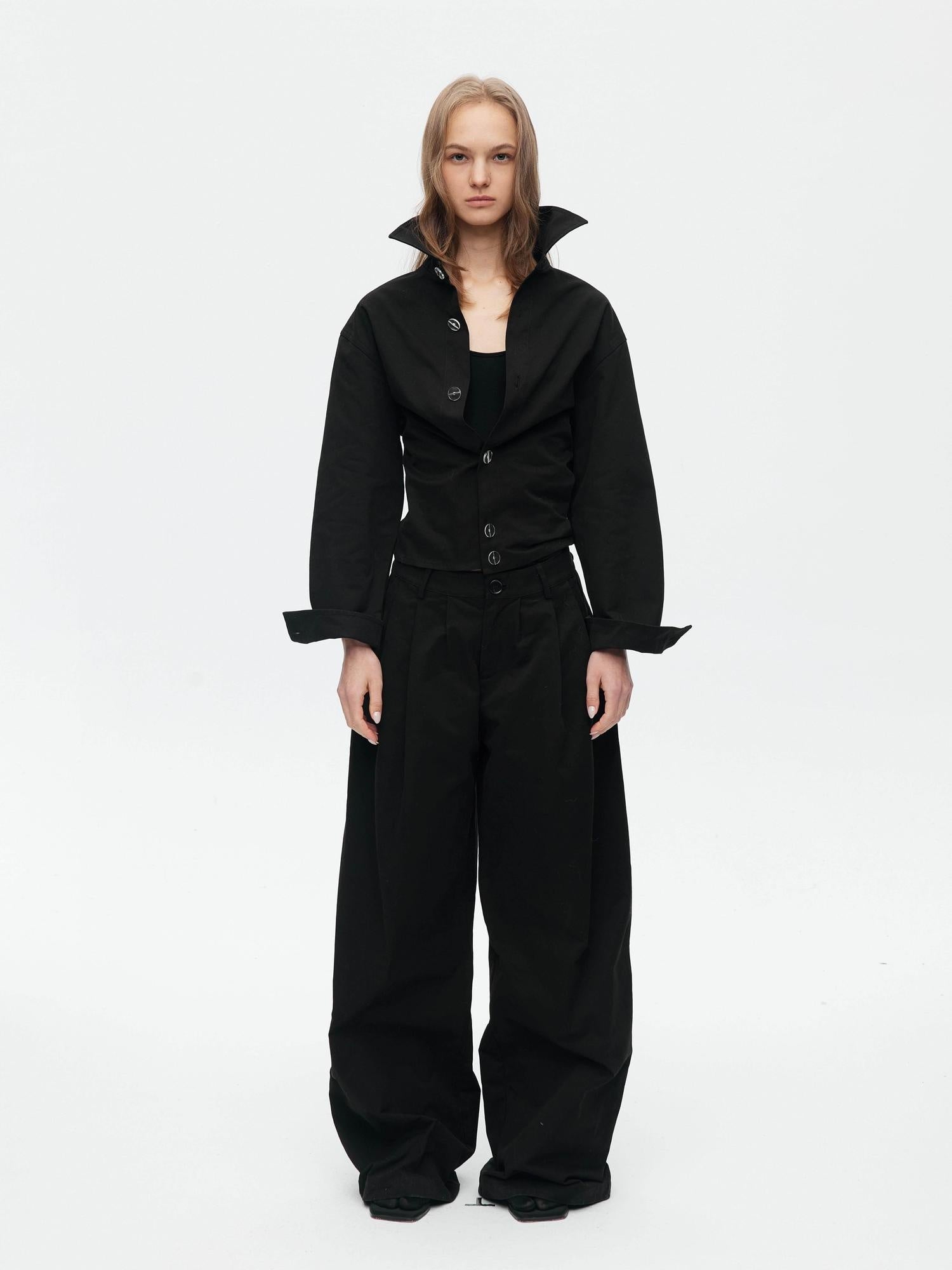BUZHOU Slim Waist Cinch Stand Collar Crop Cotton Pleated Black Top & Pants Sets