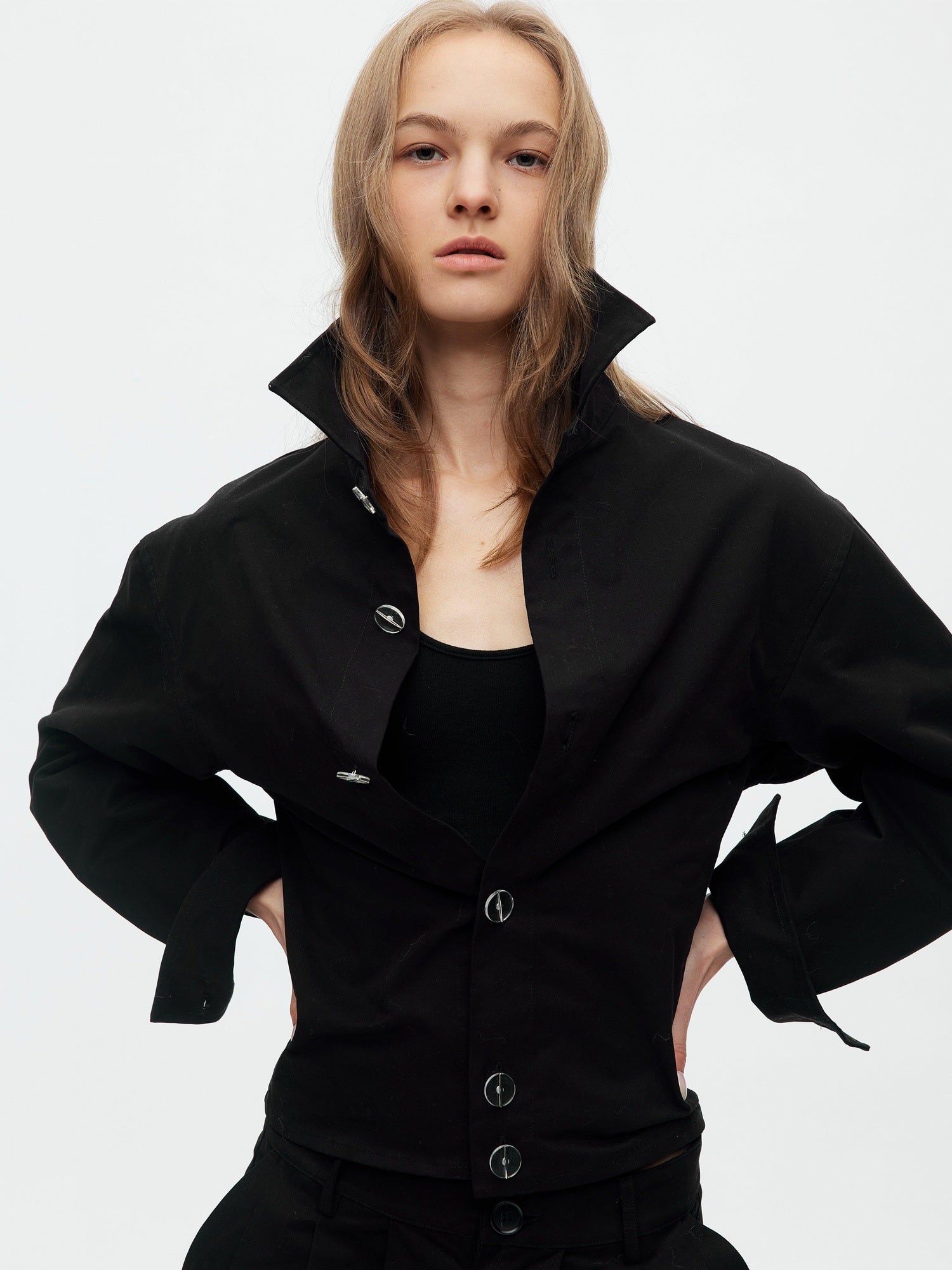 BUZHOU Slim Waist Cinch Stand Collar Crop Cotton Pleated Black Top & Pants Sets