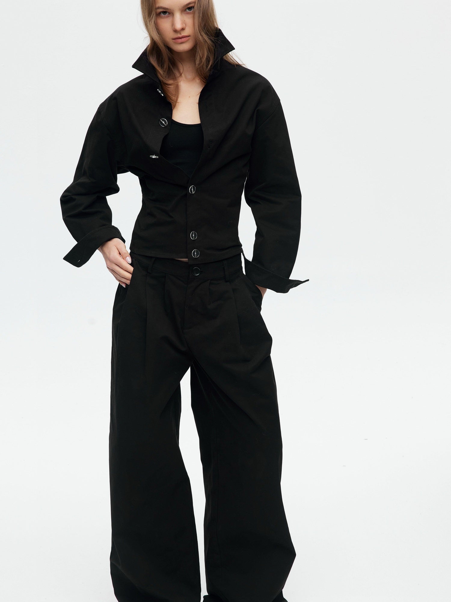 BUZHOU Slim Waist Cinch Stand Collar Crop Cotton Pleated Black Top & Pants Sets