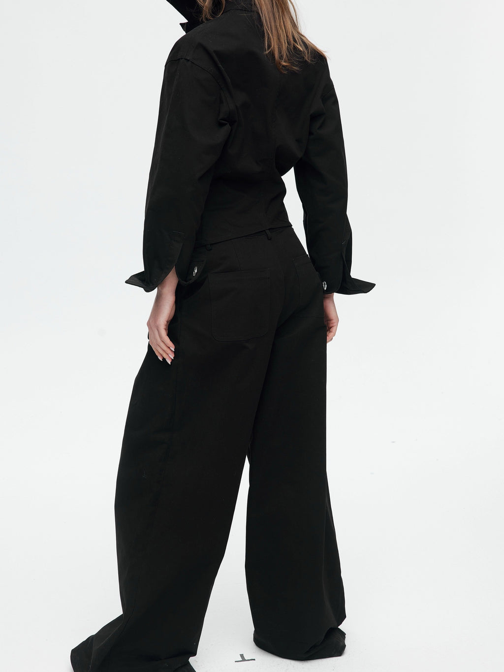 BUZHOU Slim Waist Cinch Stand Collar Crop Cotton Pleated Black Top & Pants Sets