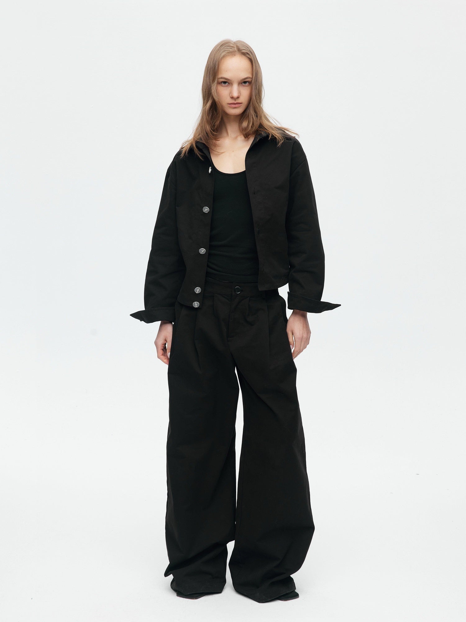 BUZHOU Slim Waist Cinch Stand Collar Crop Cotton Pleated Black Top & Pants Sets