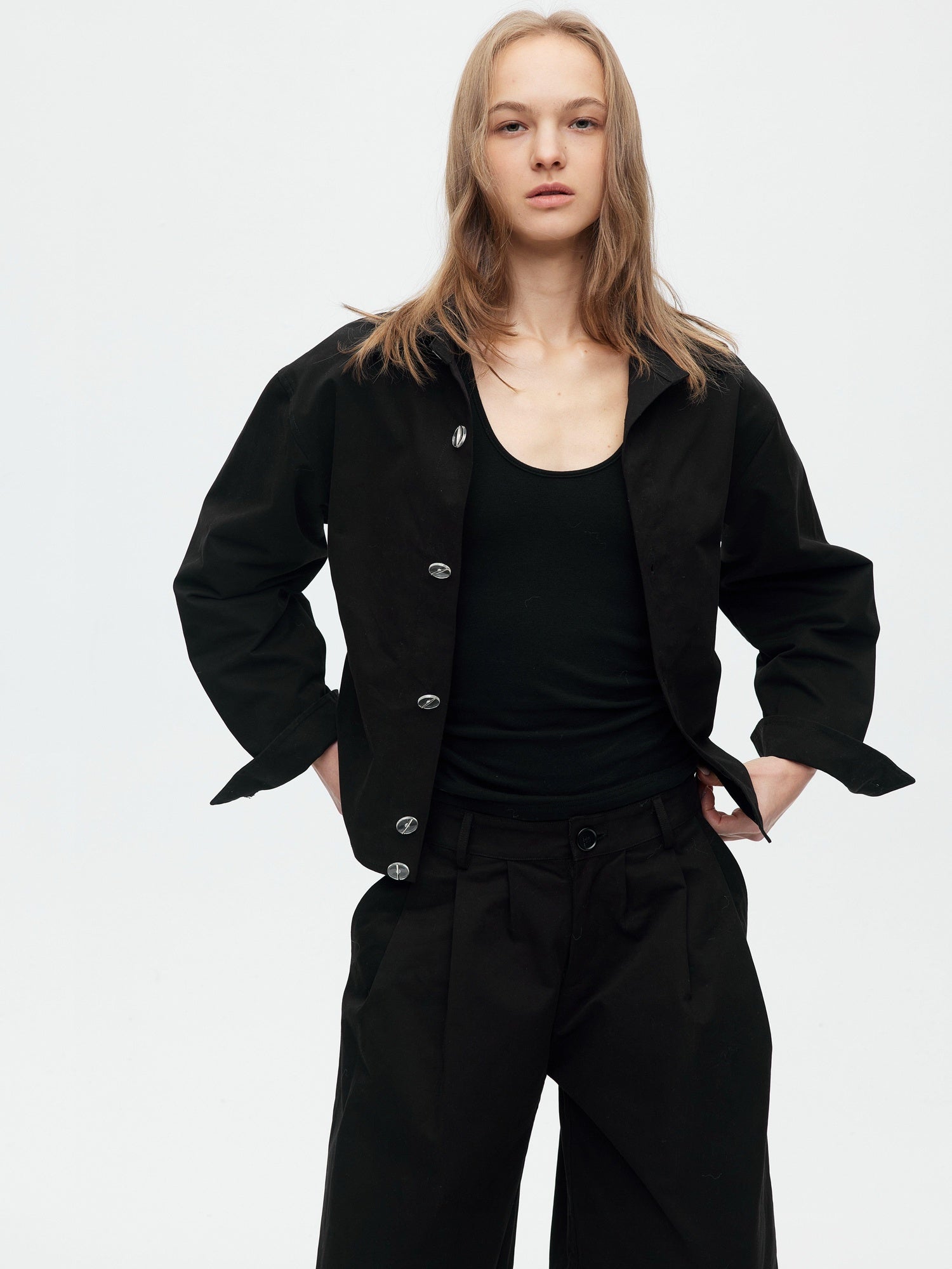 BUZHOU Slim Waist Cinch Stand Collar Crop Cotton Pleated Black Top & Pants Sets