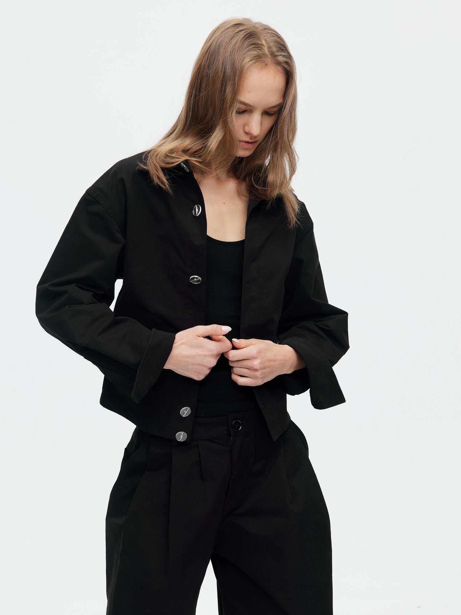 BUZHOU Slim Waist Cinch Stand Collar Crop Cotton Pleated Black Top & Pants Sets