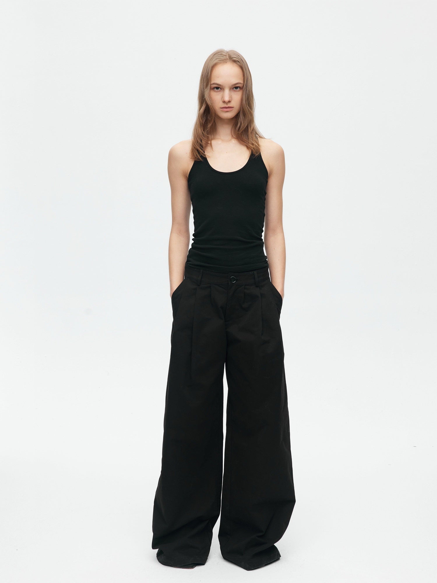 BUZHOU Slim Waist Cinch Stand Collar Crop Cotton Pleated Black Top & Pants Sets