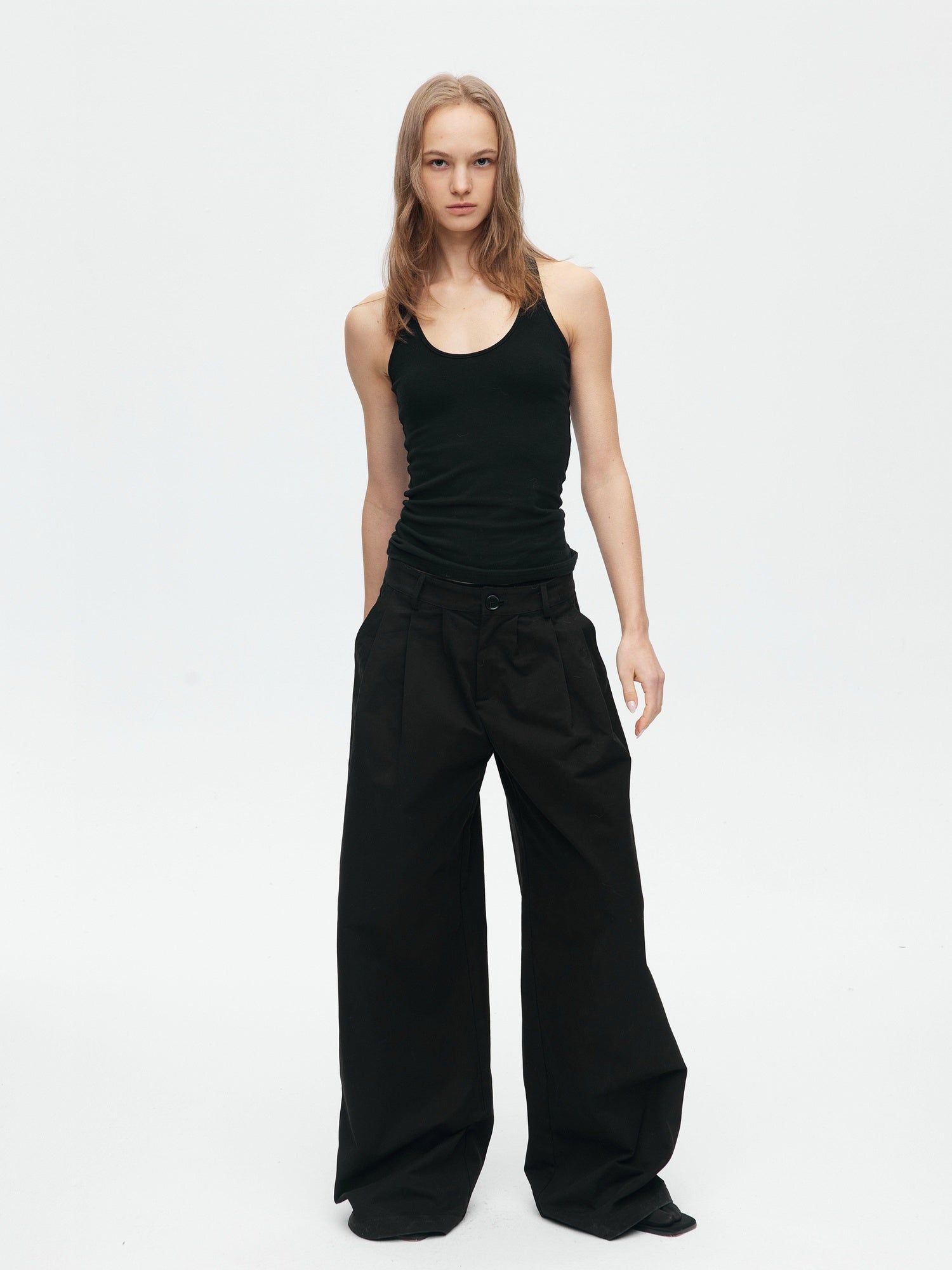 BUZHOU Slim Waist Cinch Stand Collar Crop Cotton Pleated Black Top & Pants Sets